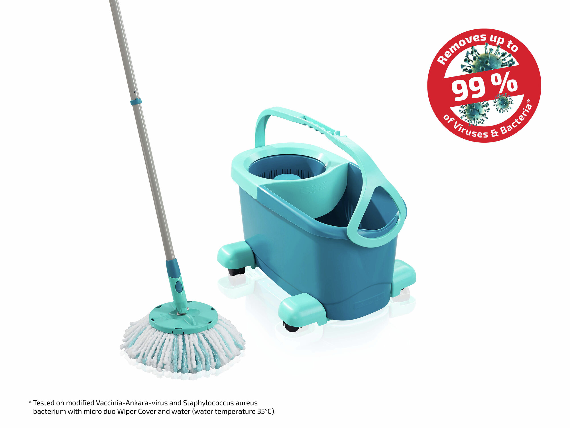 Niebieski zestaw do mopa i wiadra, z czerwonym okręgiem z napisem 'Usuwa do 99% wirusów i bakterii'.