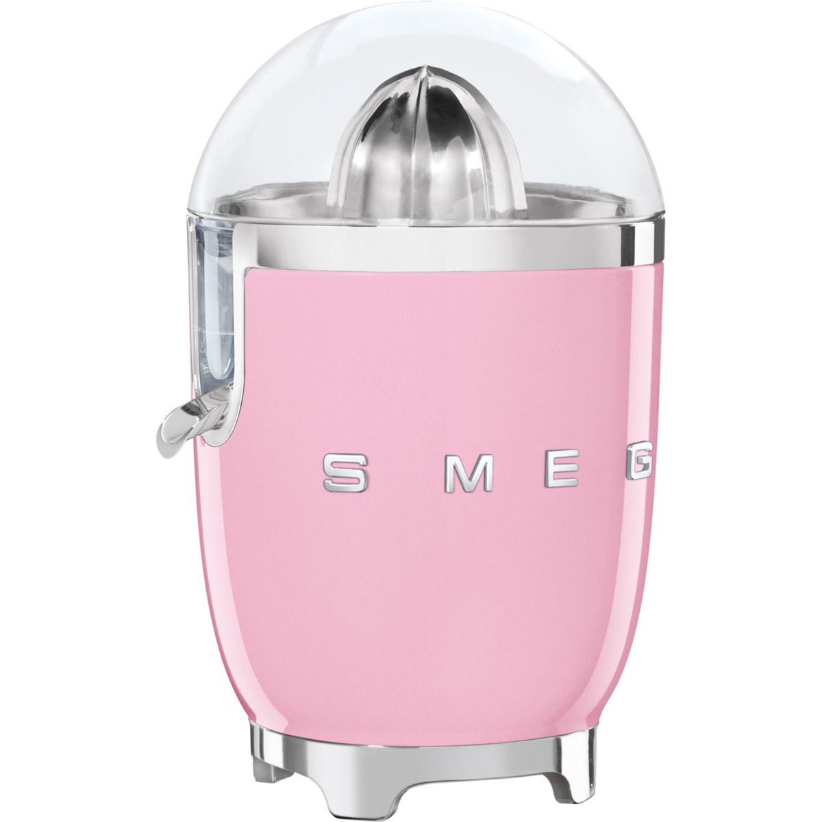 Różowa wyciskarka do cytrusów SMEG z przezroczystą kopułą i srebrnymi akcentami. Podstawa jest różowa, z logo SMEG. Ma chromowaną dźwignię.