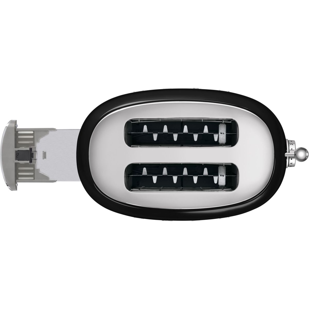 Czarny i srebrny toster, widok z góry. Ma dwa otwory i dźwignię z boku. Tło jest białe.