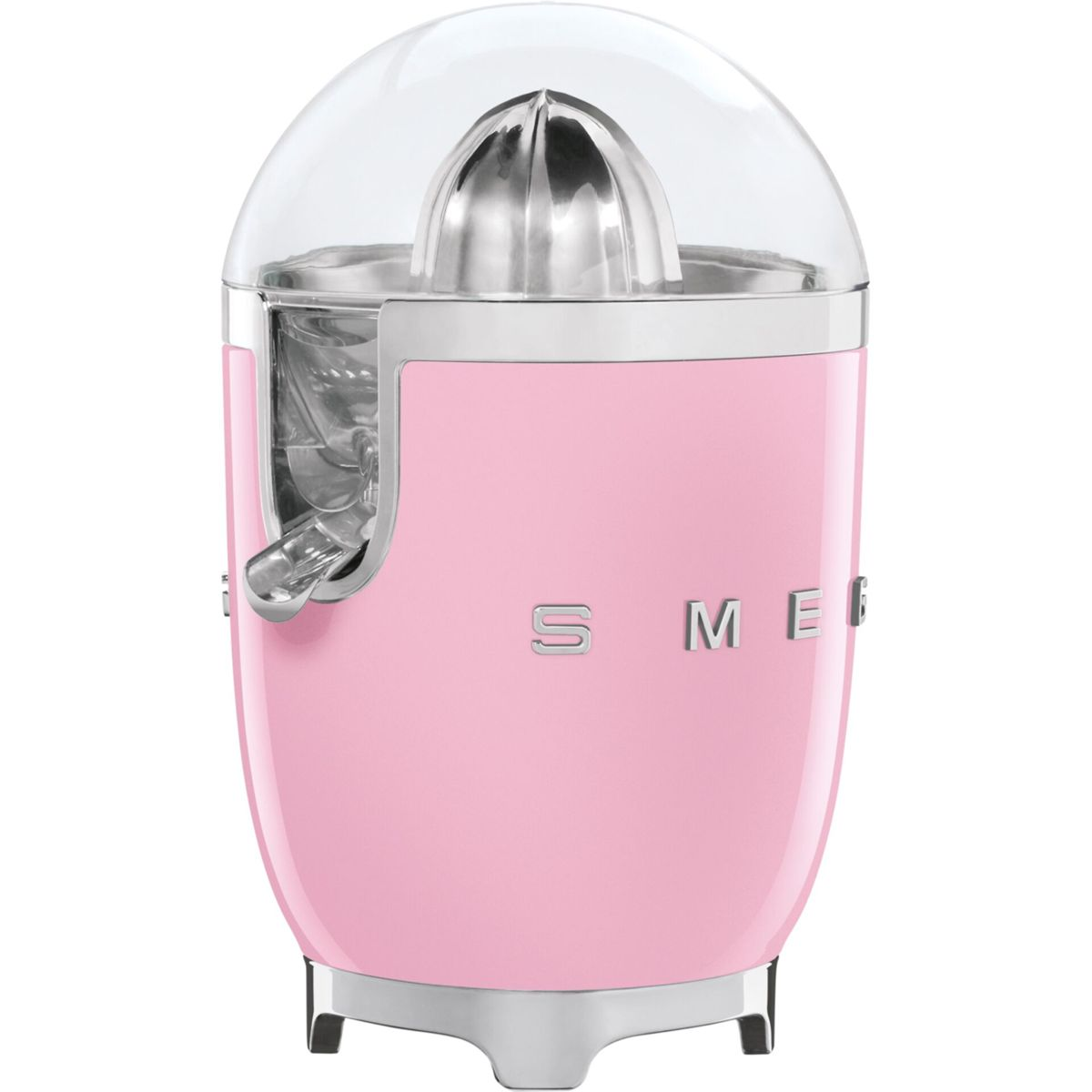 Różowa wyciskarka do cytrusów Smeg z przezroczystą kopułą i chromowanymi akcentami. Z przodu napis SMEG.