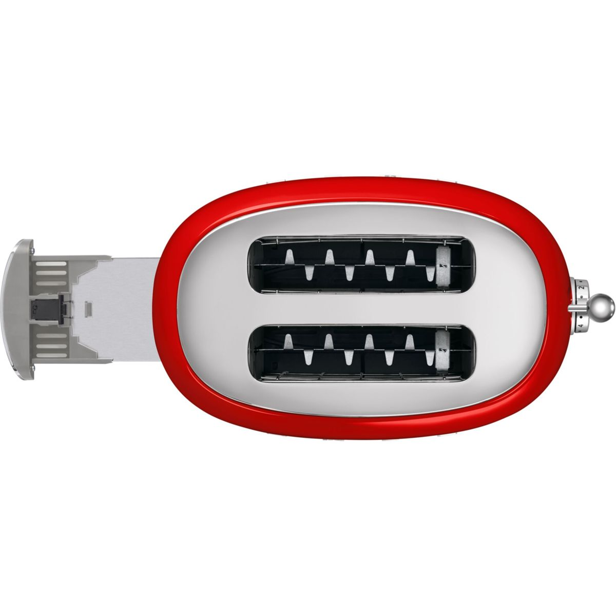 Czerwony i srebrny toster z dwoma otworami. Toster jest na białym tle. Dźwignia jest na zewnątrz.