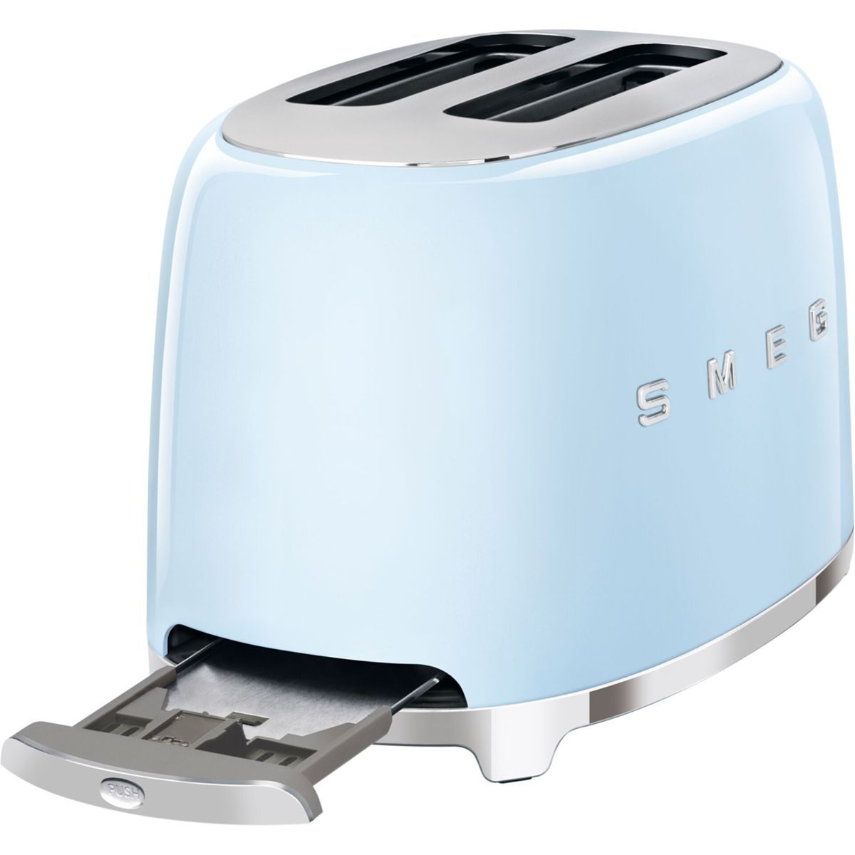 Ein hellblauer SMEG-Toaster mit zwei Schlitzen. Die Krümelschublade ist herausgezogen. Silberne Akzente befinden sich oben und unten.