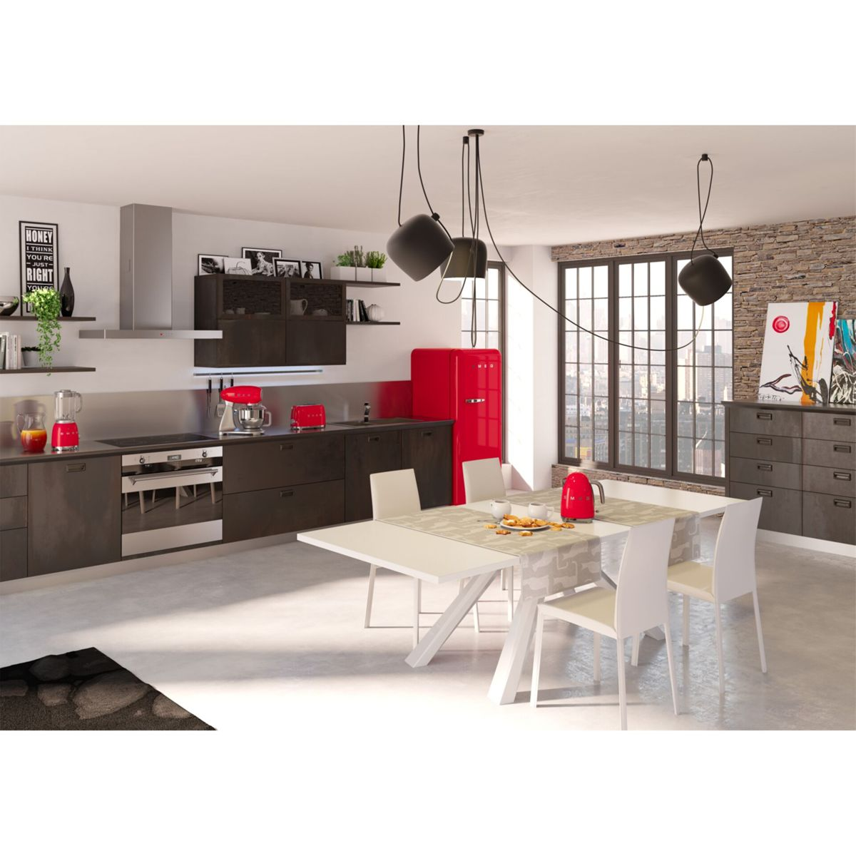 Nowoczesna kuchnia z czerwoną lodówką, urządzeniami i stołem jadalnym z krzesłami. Tło z ceglaną ścianą i oknem.