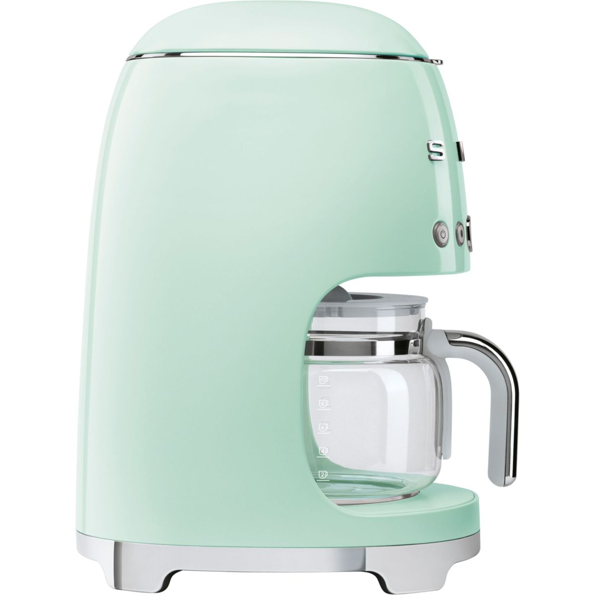 Miętowo-zielony ekspres do kawy w stylu retro. Ma szklaną karafkę z uchwytem i srebrną podstawę. Przyciski z boku.