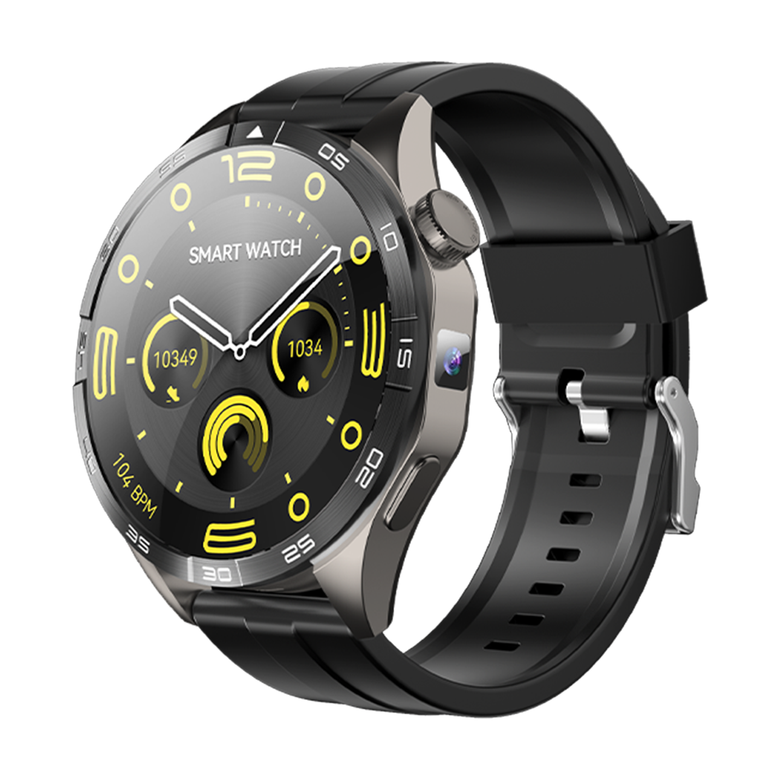 Eine schwarze und silberne Smartwatch mit schwarzem Armband. Das Zifferblatt zeigt Zahlen, Daten und Zeiger auf schwarzem Hintergrund.