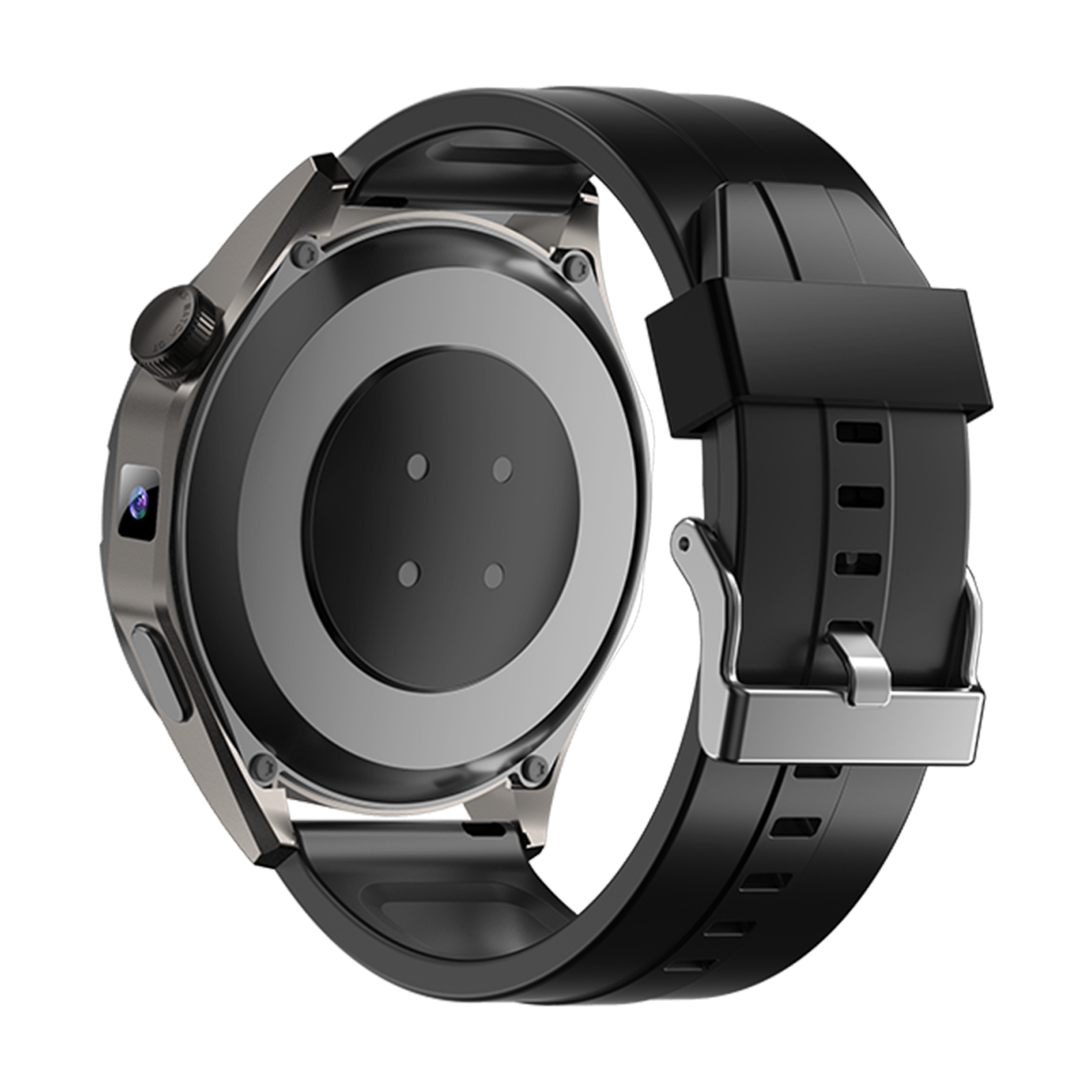 Rückansicht einer Smartwatch. Schwarzes Armband, silberne Schließe, graues Zifferblatt mit schwarzem Rücken und Knopf. Die Uhr ist isoliert.
