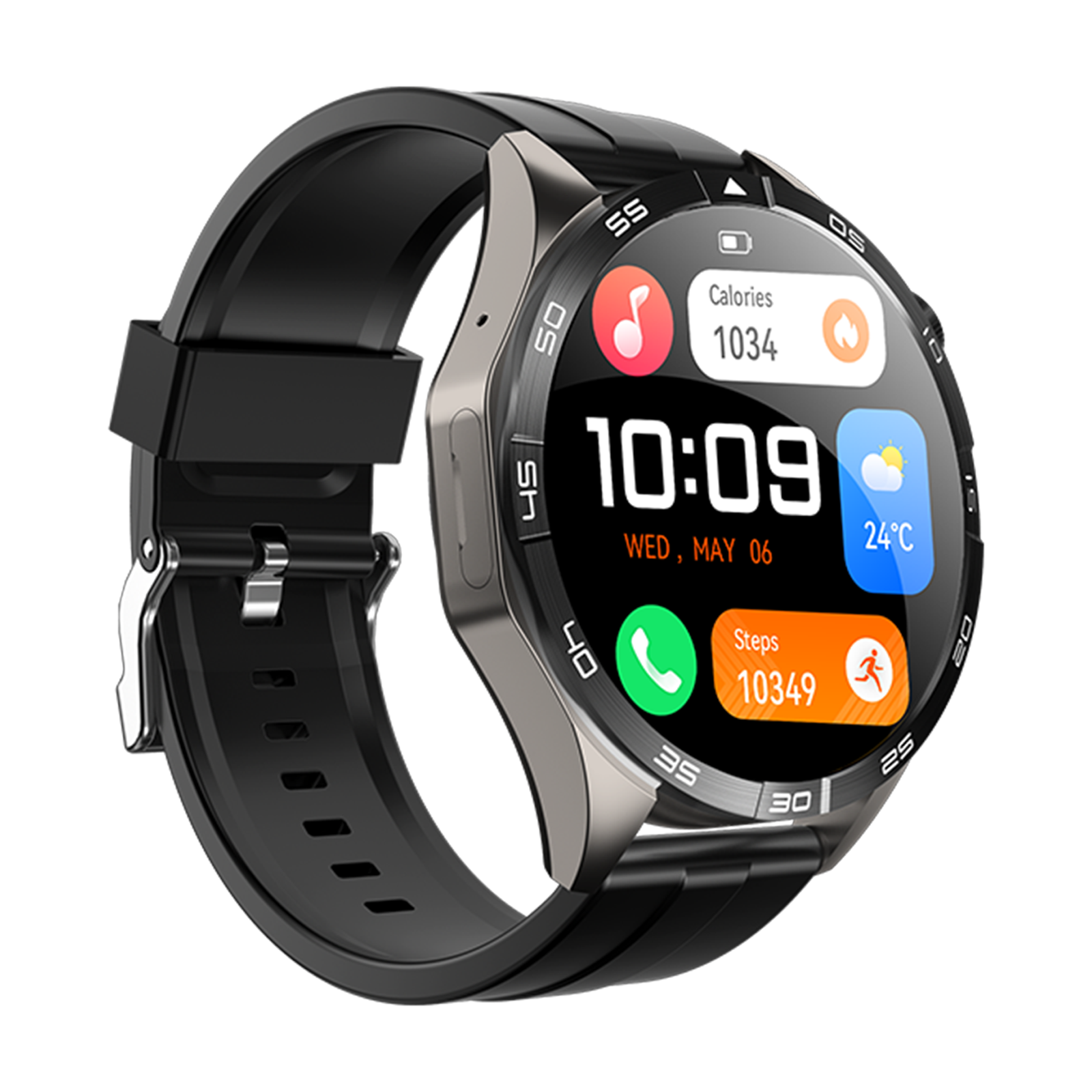 Eine silberne und schwarze Smartwatch zeigt Zeit, Datum und Gesundheitsmetriken wie Kalorien und Schritte an. Die Uhr hat ein schwarzes Armband.