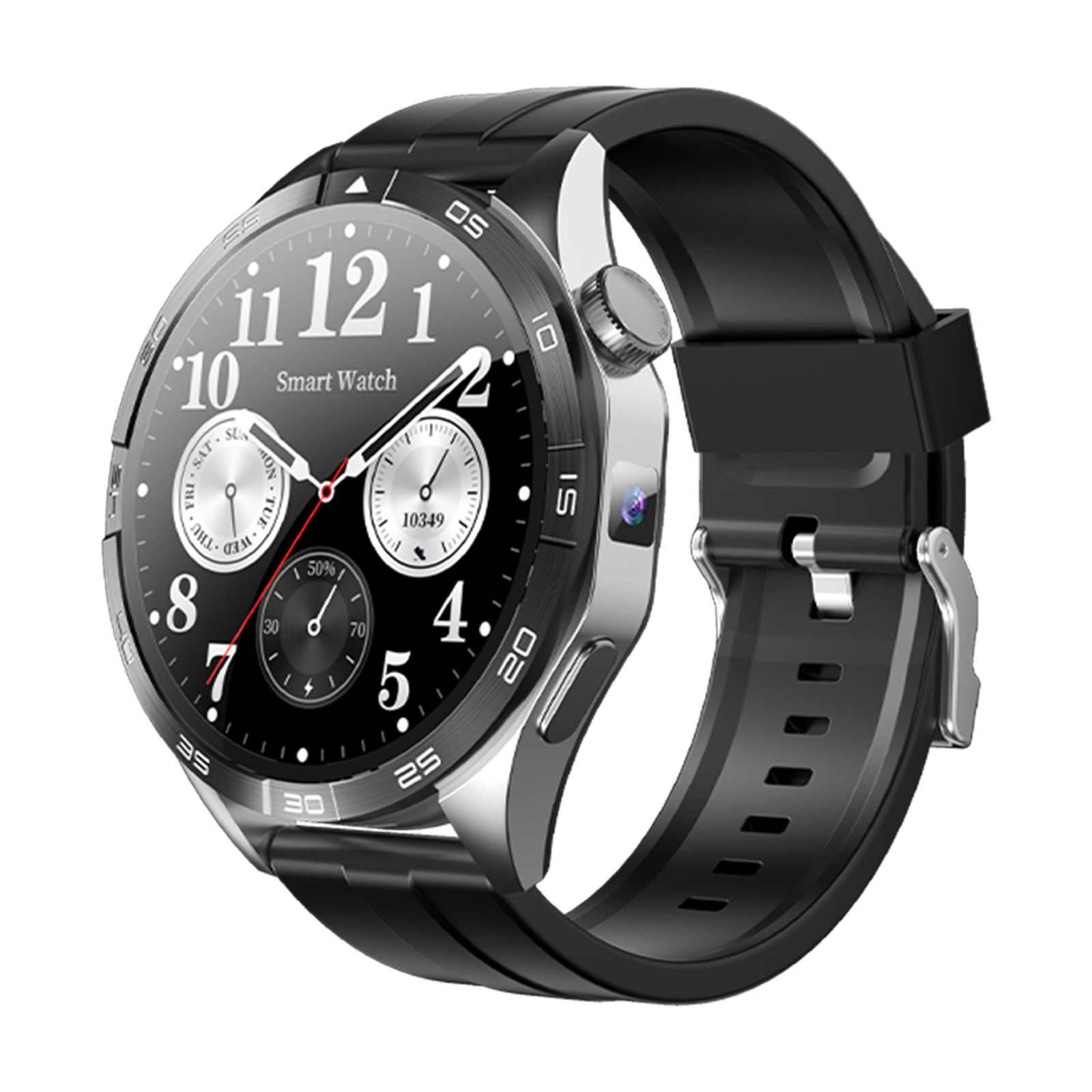 Eine schwarze und silberne Smartwatch mit schwarzem Armband. Das Zifferblatt zeigt Zahlen, Zeiger und Hilfszifferblätter.