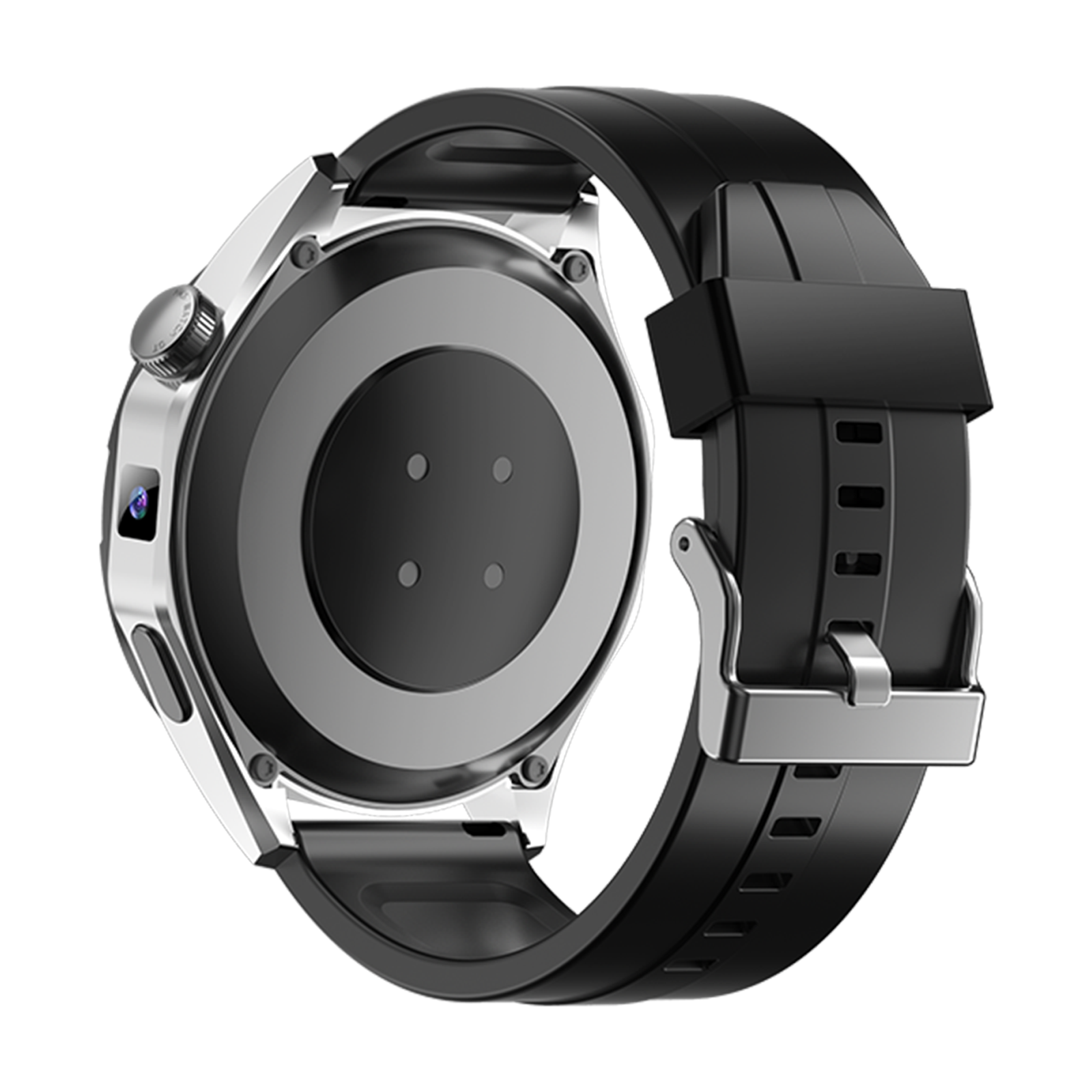 Nahaufnahme einer Smartwatch. Sie hat ein schwarzes Armband, ein silbernes Gehäuse und ein schwarzes Zifferblatt. Die Rückseite ist sichtbar.