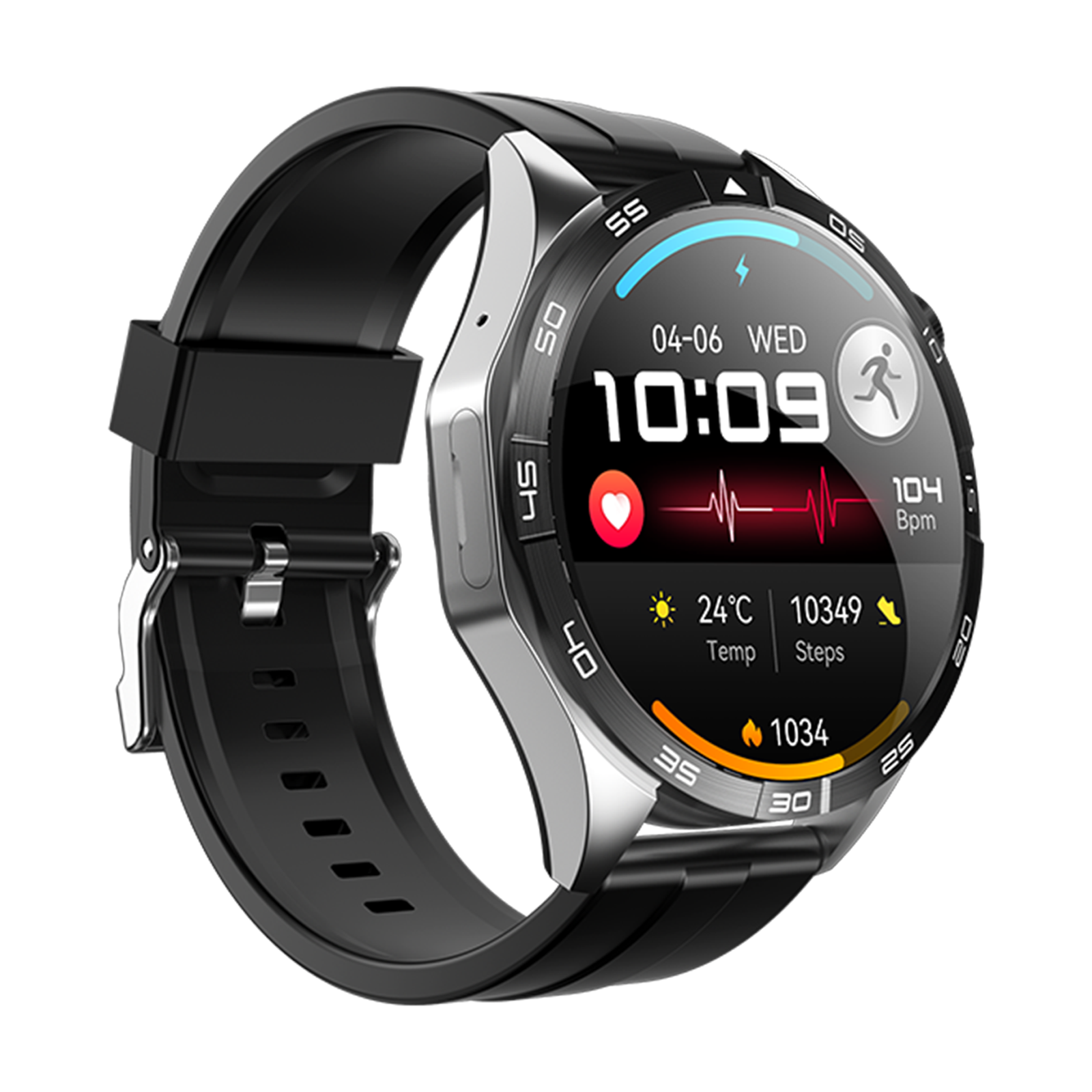 Eine schwarze Smartwatch mit silberner Lünette. Der Bildschirm zeigt Zeit, Datum, Herzfrequenz, Schritte und Temperatur.