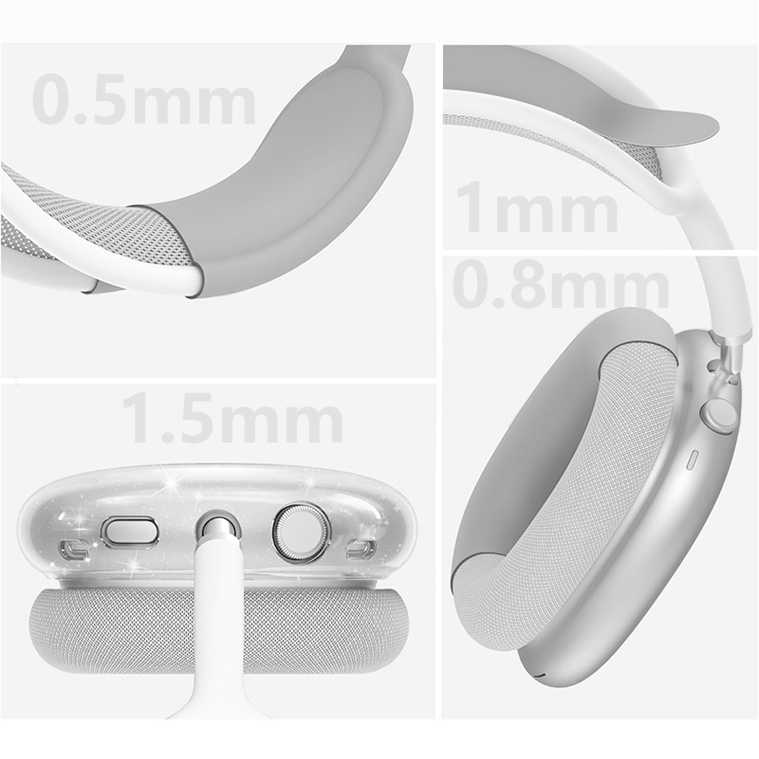 Primi piani di un'auricolare grigio e bianco, che mostrano i dettagli dei padiglioni, della fascia e delle porte. Sono indicate anche le dimensioni.