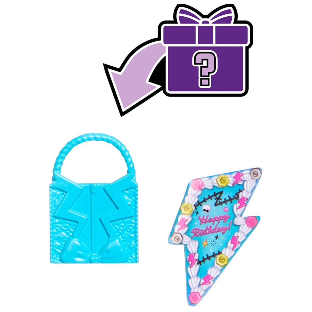 La imagen muestra una caja de regalo morada con signo de interrogación y lazo, un bolso azul y un pastel de cumpleaños en forma de rayo.