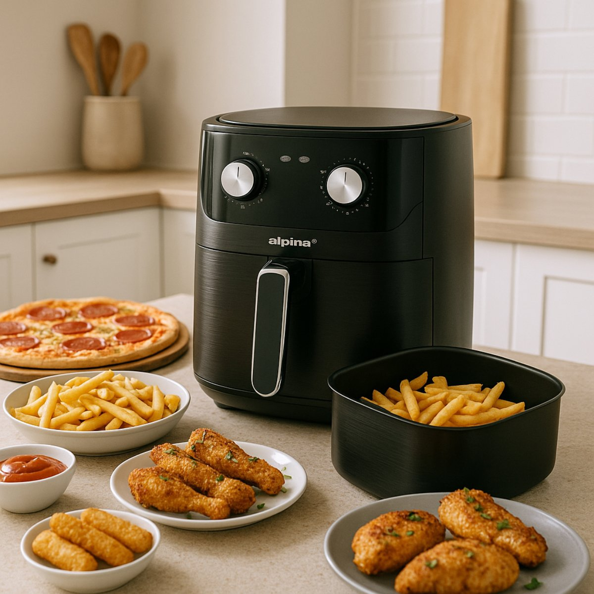 Een zwarte airfryer naast pizza, friet, kipnuggets en gebraden kip. Een kom ketchup op tafel.