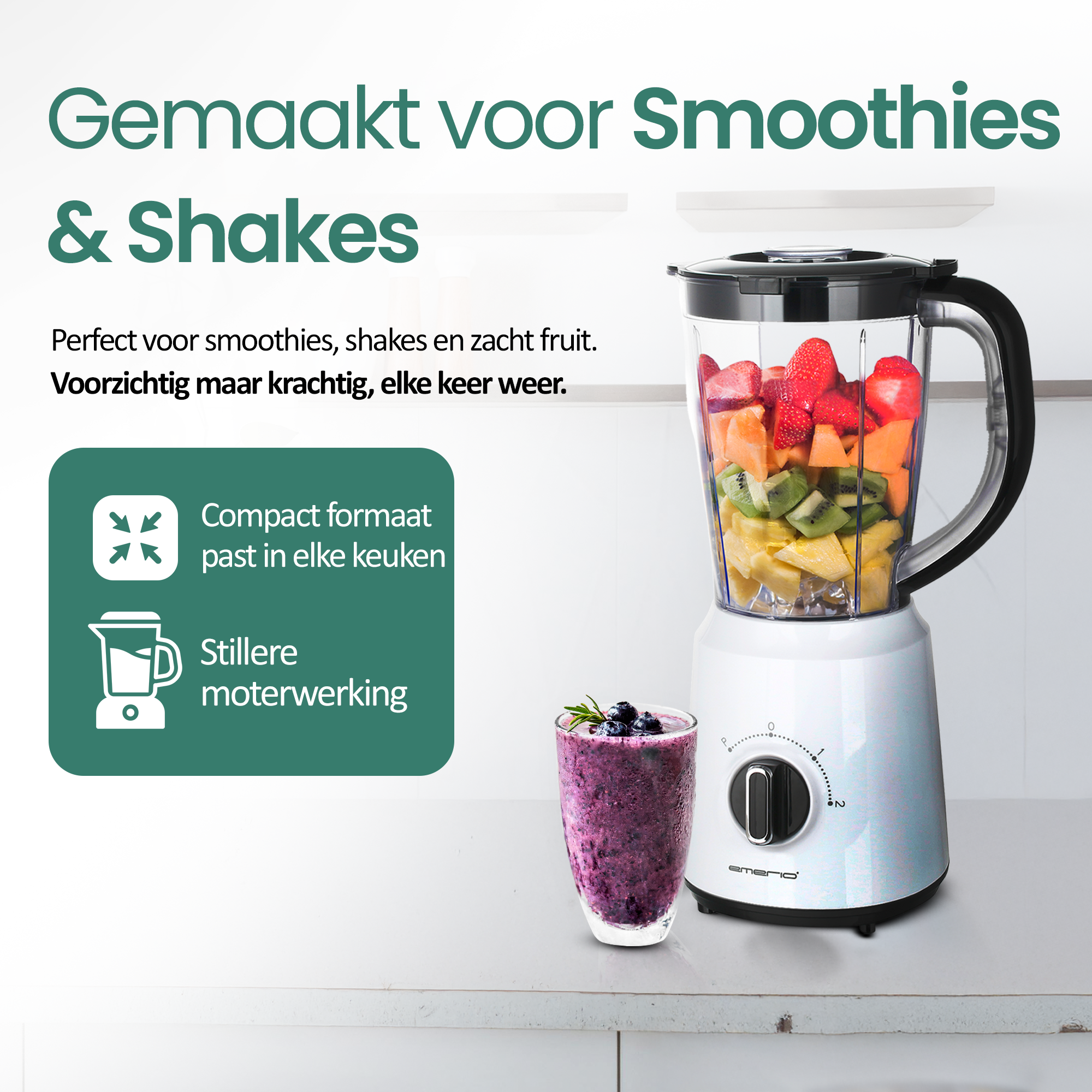 A blender with fruits inside and a smoothie glass. Text says 'Gemaakt voor Smoothies & Shakes'.