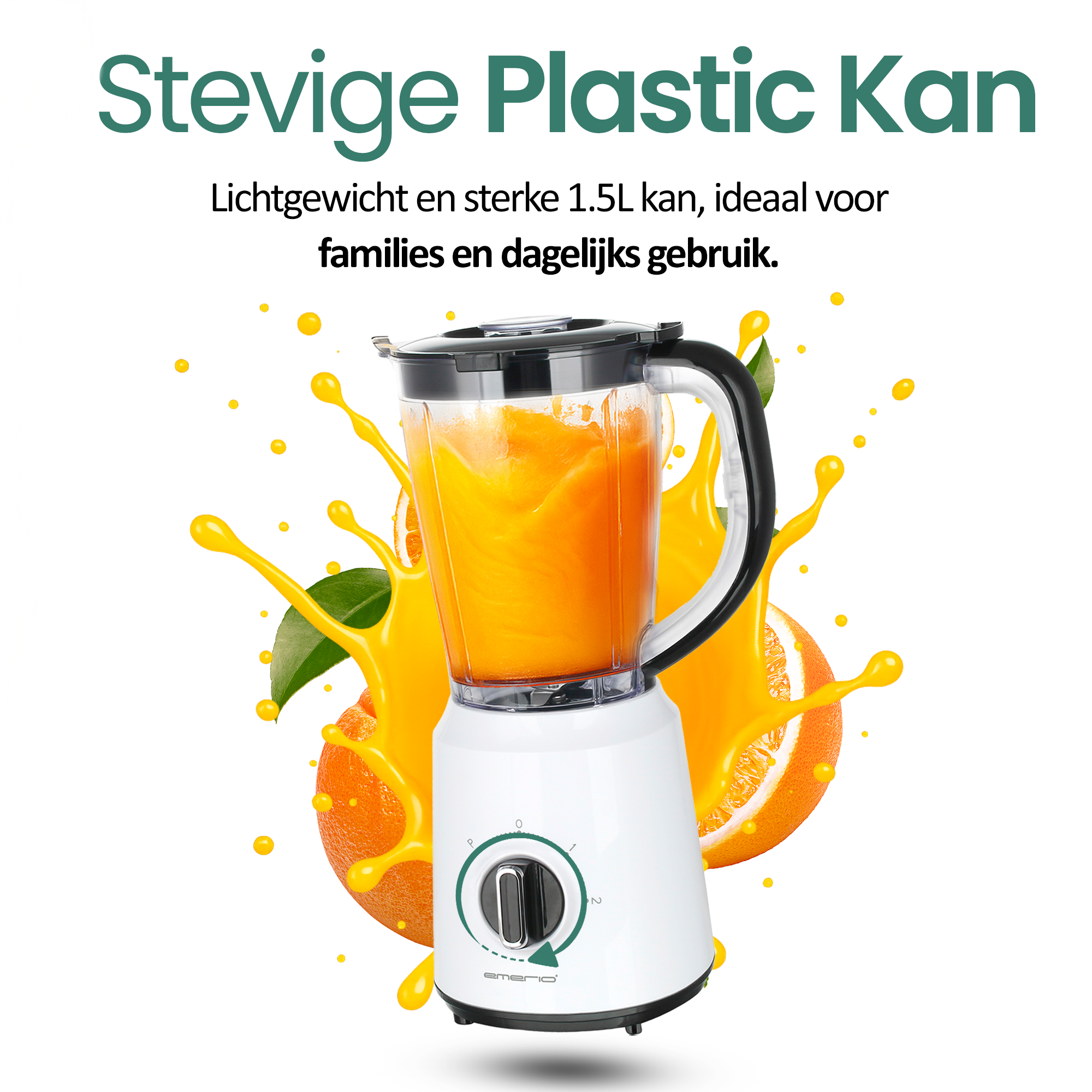A white blender with a black handle, filled with orange liquid, orange slice behind. Splash of juice and text at the top.