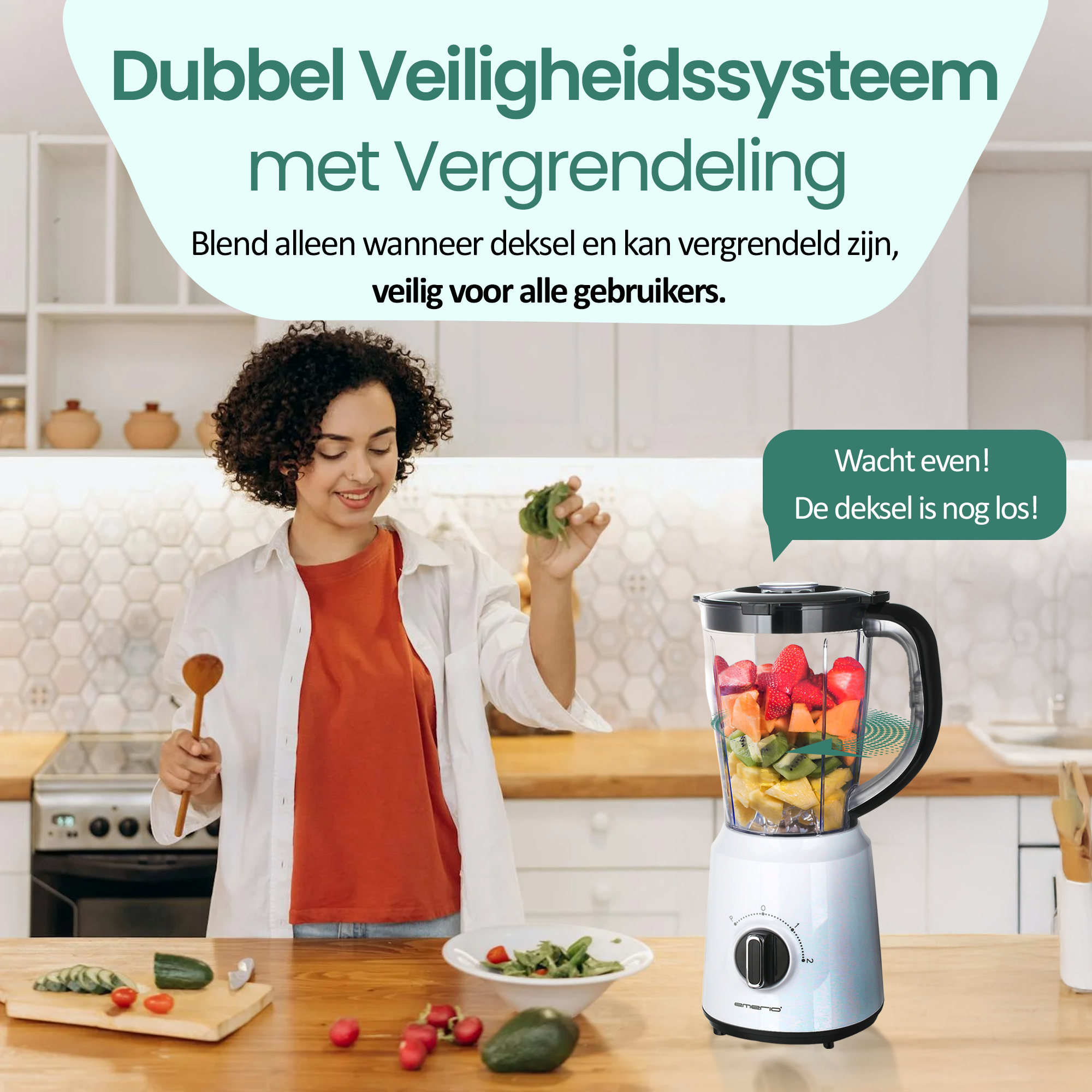 A woman in a kitchen is holding greens and a wooden spoon, next to a blender filled with fruit. A speech bubble is present.