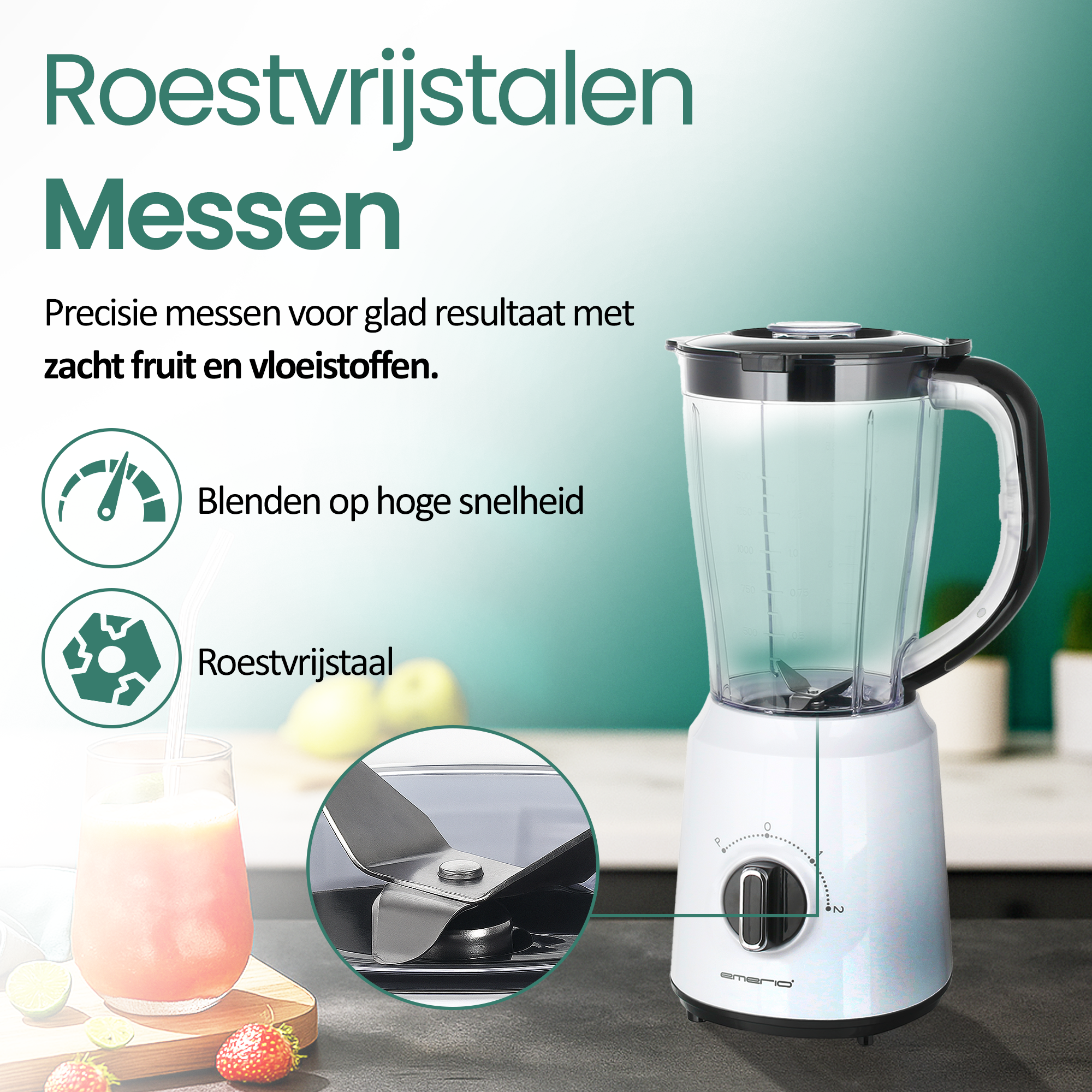 Blender with stainless steel blades, a glass of juice, and fruit on a wooden board. Text indicates features and benefits.
