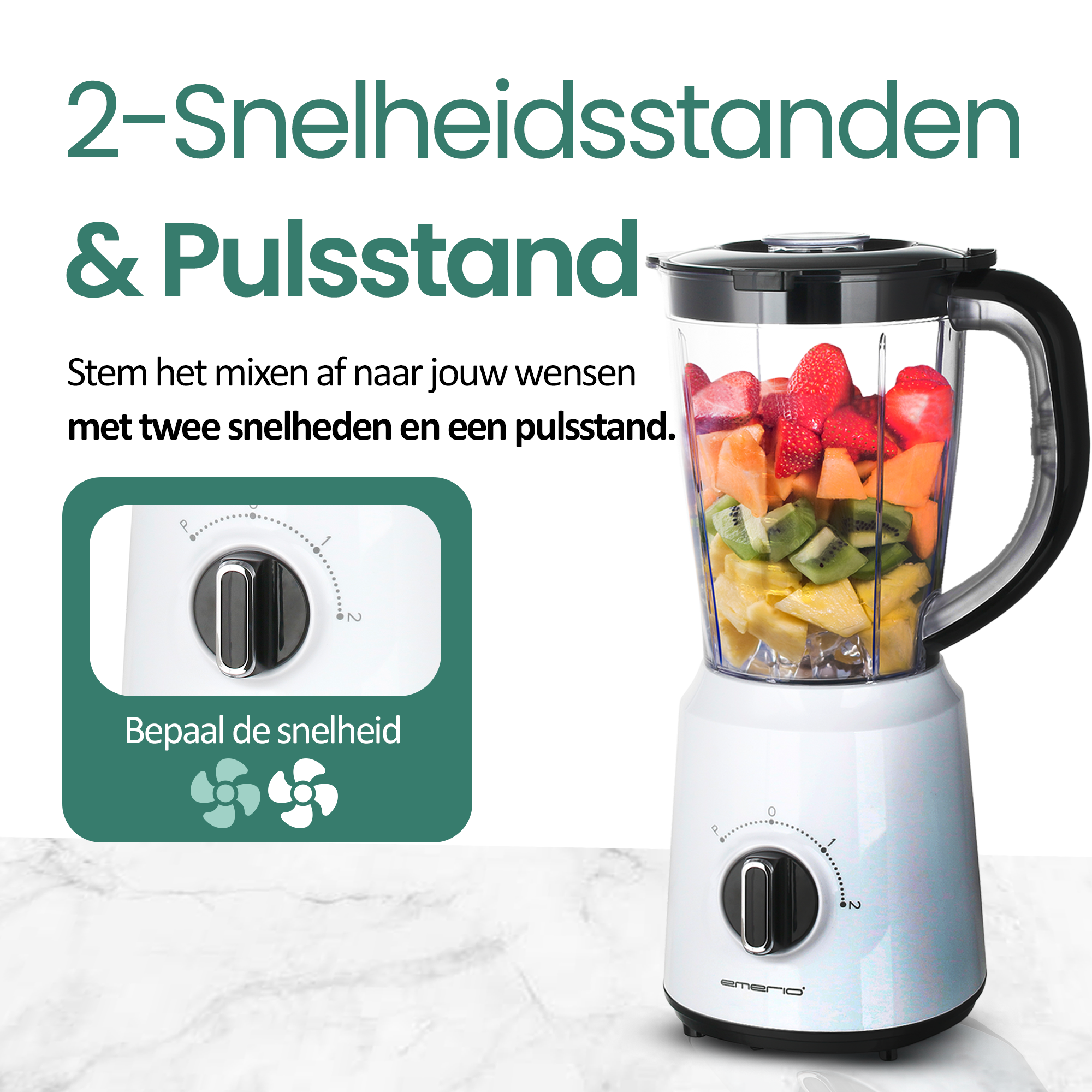 Blender filled with fruit. Blender has settings for speed. Text says '2-speed settings & pulse'.