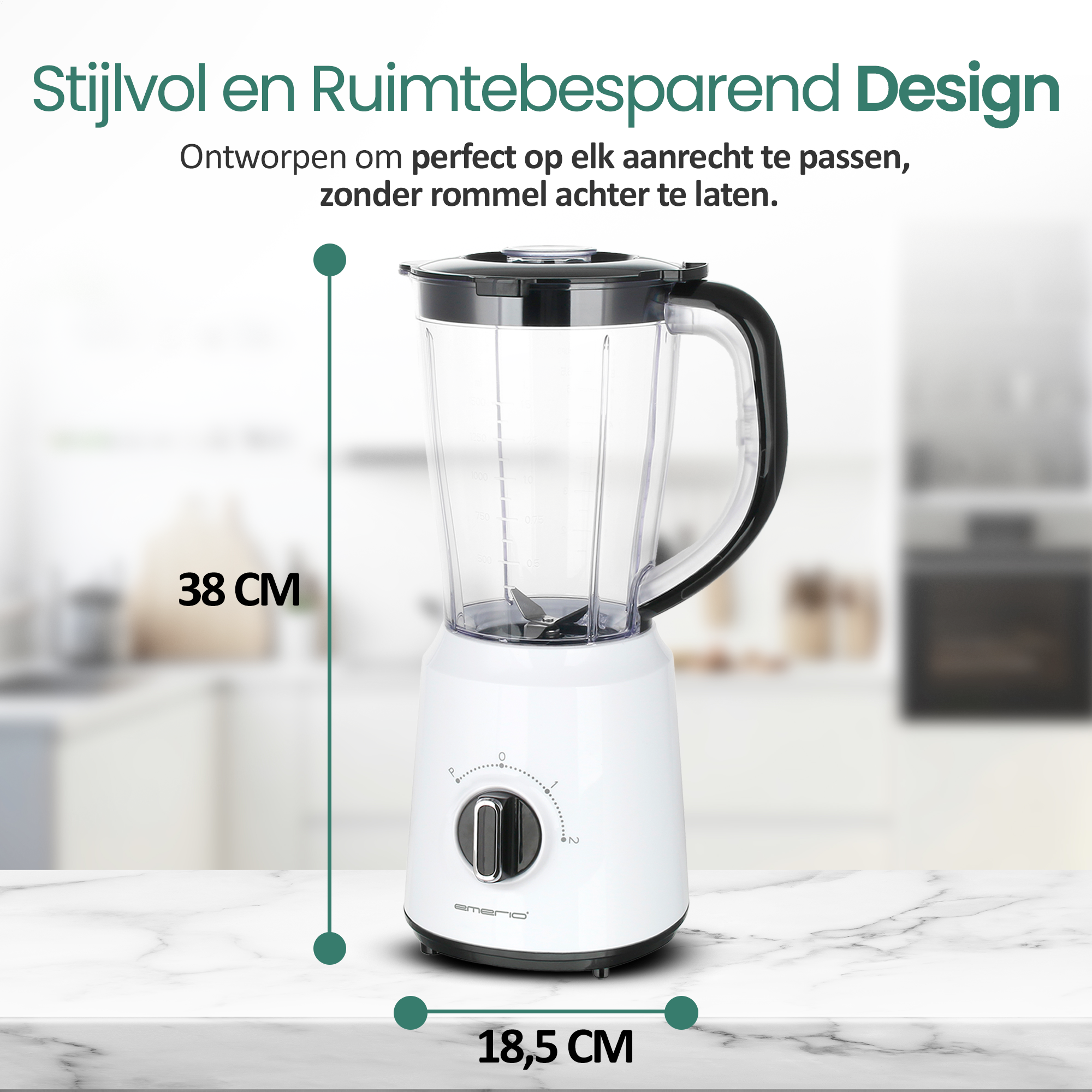White blender on a marble surface, with dimensions displayed. Black handle and clear plastic container. Text at the top.