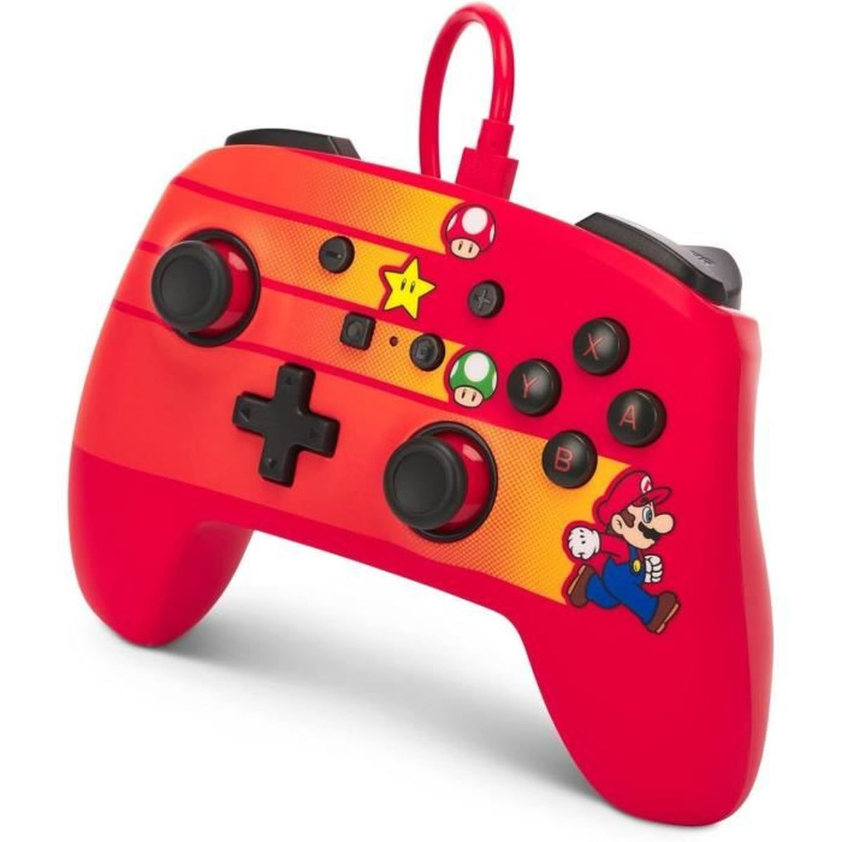 Czerwony kontroler Nintendo z Mario. Posiada przyciski, krzyżak i grafikę Mario. Zawiera czerwony kabel oraz żółto-pomarańczowy design.