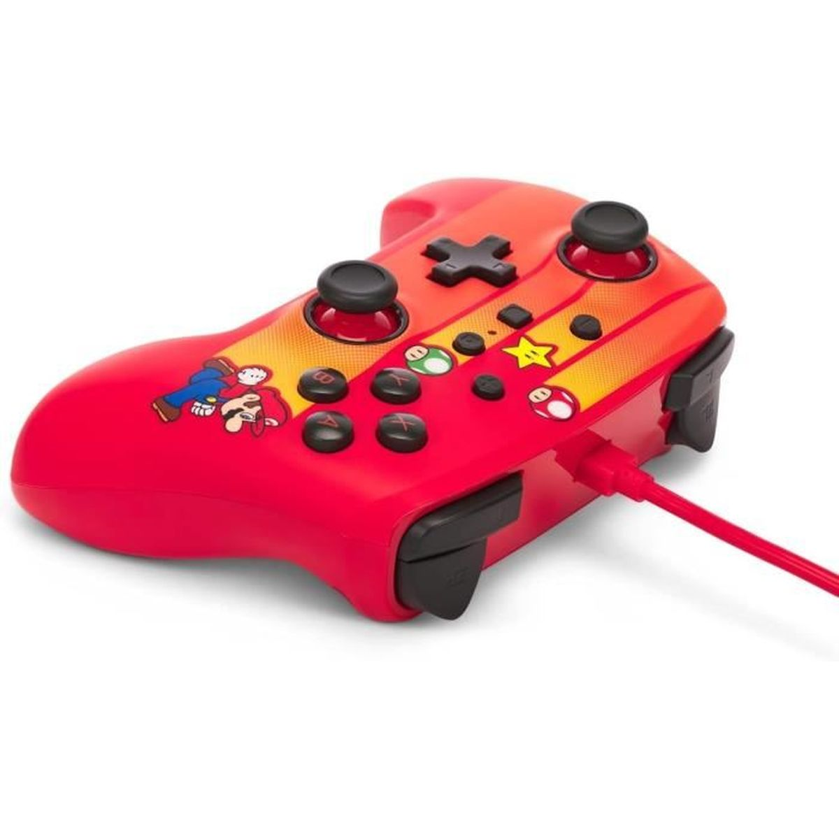 Czerwony kontroler do gier z motywem Mario z czarnymi przyciskami. Ma Mario i inne ikony gier. Czerwony kabel jest podłączony.