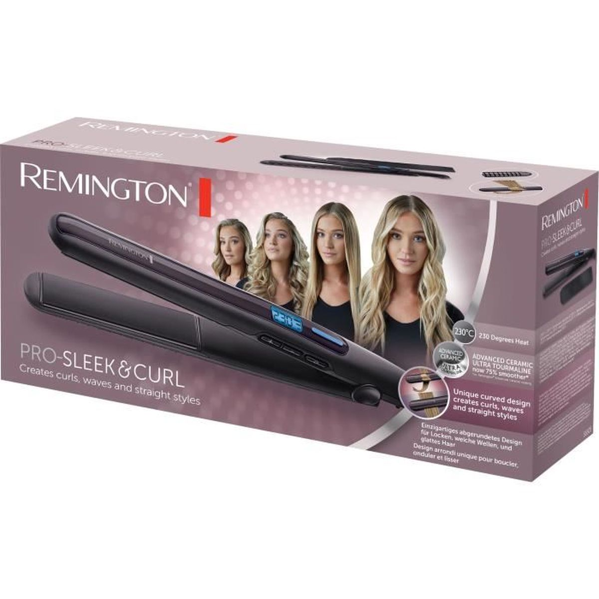 Une boîte de lisseur Remington Pro-Sleek & Curl. Elle montre le produit et des images de femmes avec des cheveux coiffés.