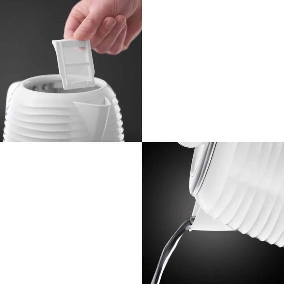 Ręka wyjmuje filtr z białego czajnika. Inny fragment pokazuje wylewanie wody z czajnika. Oba na ciemnym tle.