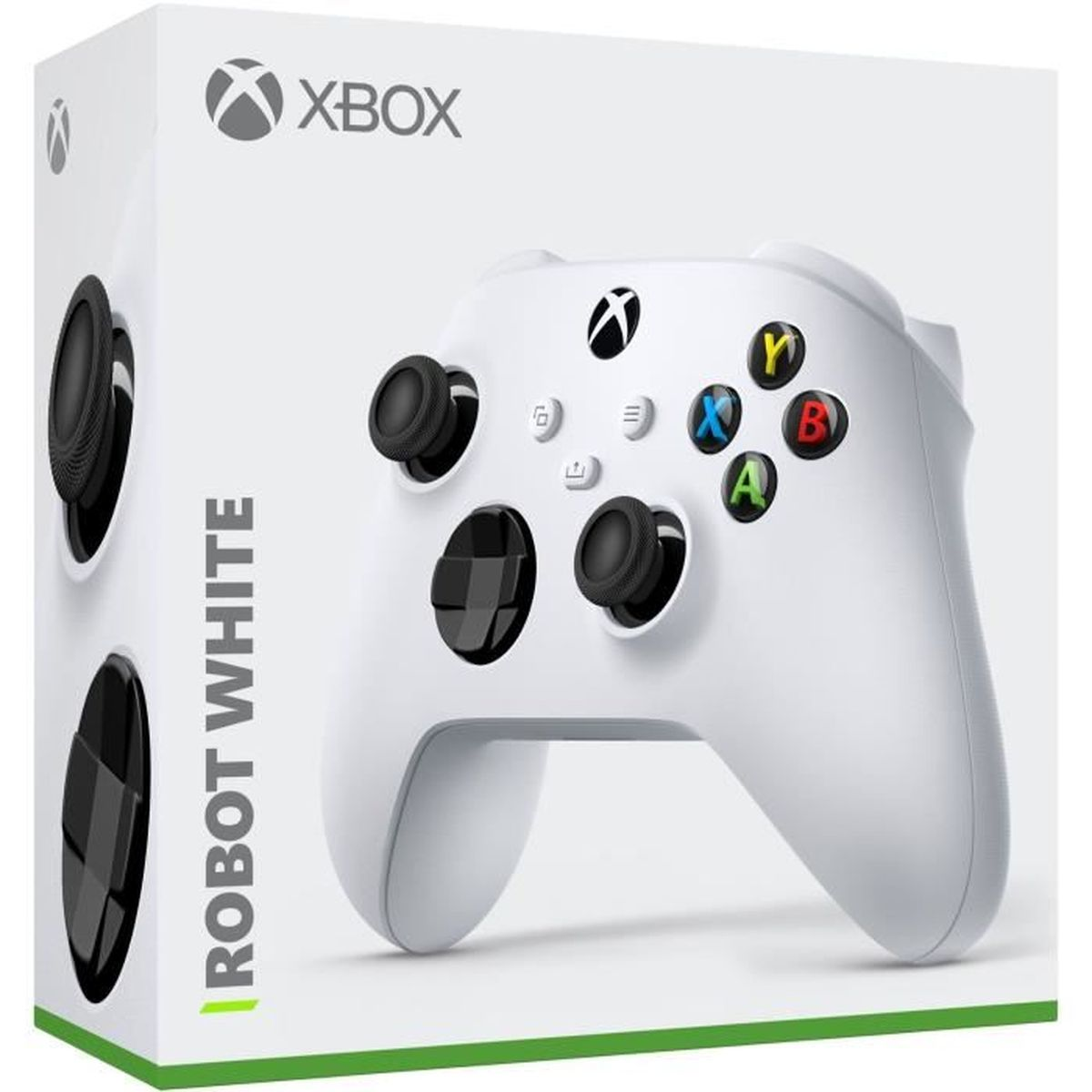 Biały kontroler Xbox w pudełku. Posiada czarne joysticki i kolorowe przyciski A, B, X, Y. Na pudełku napis Robot White.