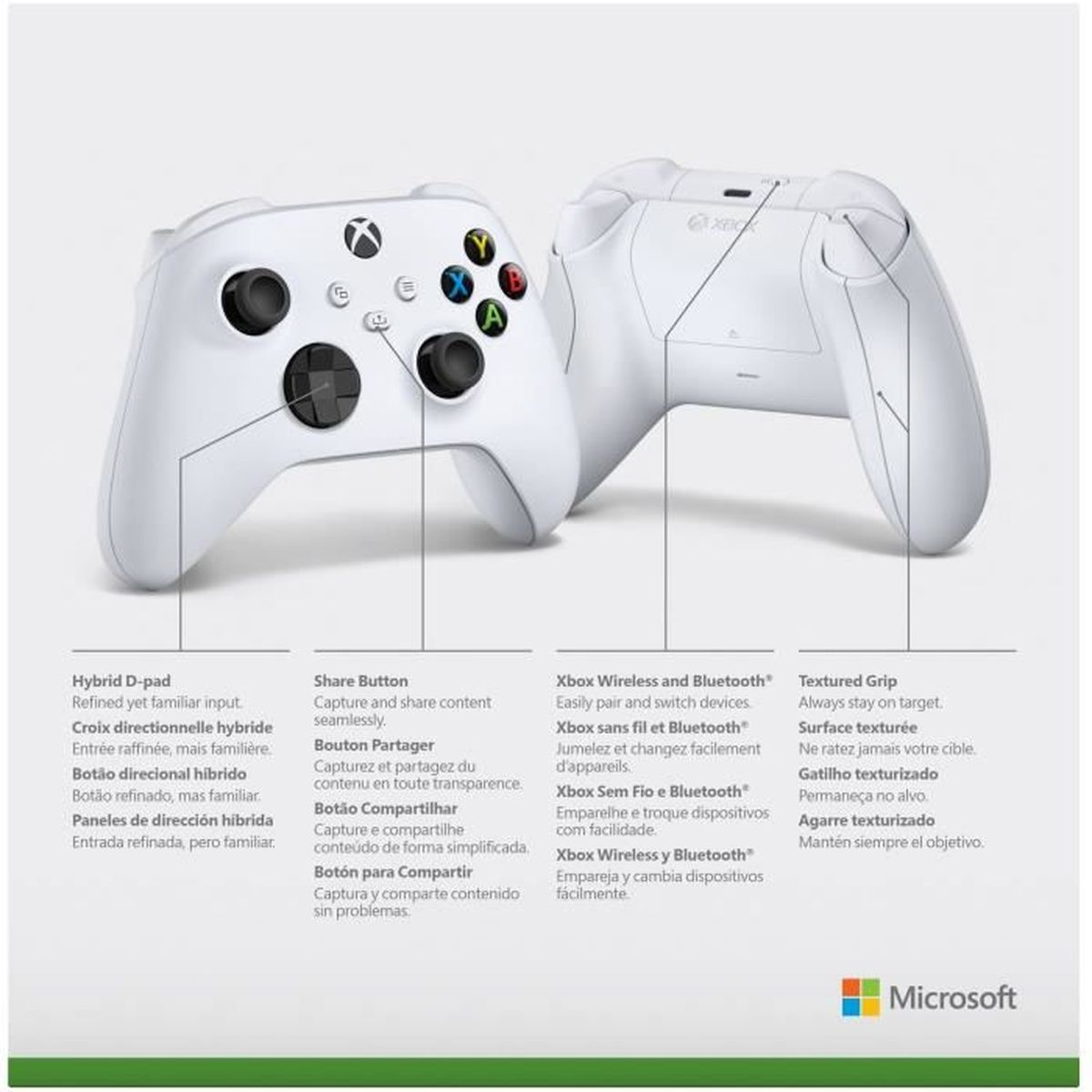 Biały kontroler Xbox, widok z przodu i z tyłu. Zawiera przyciski, teksturowany uchwyt i bezprzewodową łączność Bluetooth.