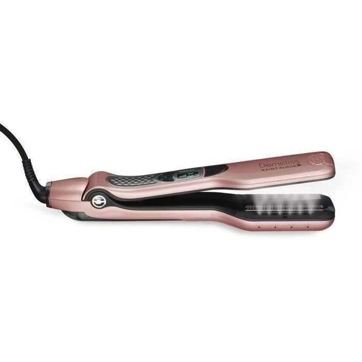 Una plancha de pelo oro rosa con un cable negro. La marca es "Demeliss". Se ve vapor saliendo de las placas.