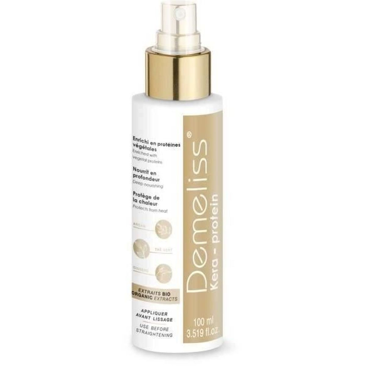 Un frasco de spray del producto para el cabello Demeliss. Tiene un cuerpo blanco, tapa dorada y etiqueta beige con texto.