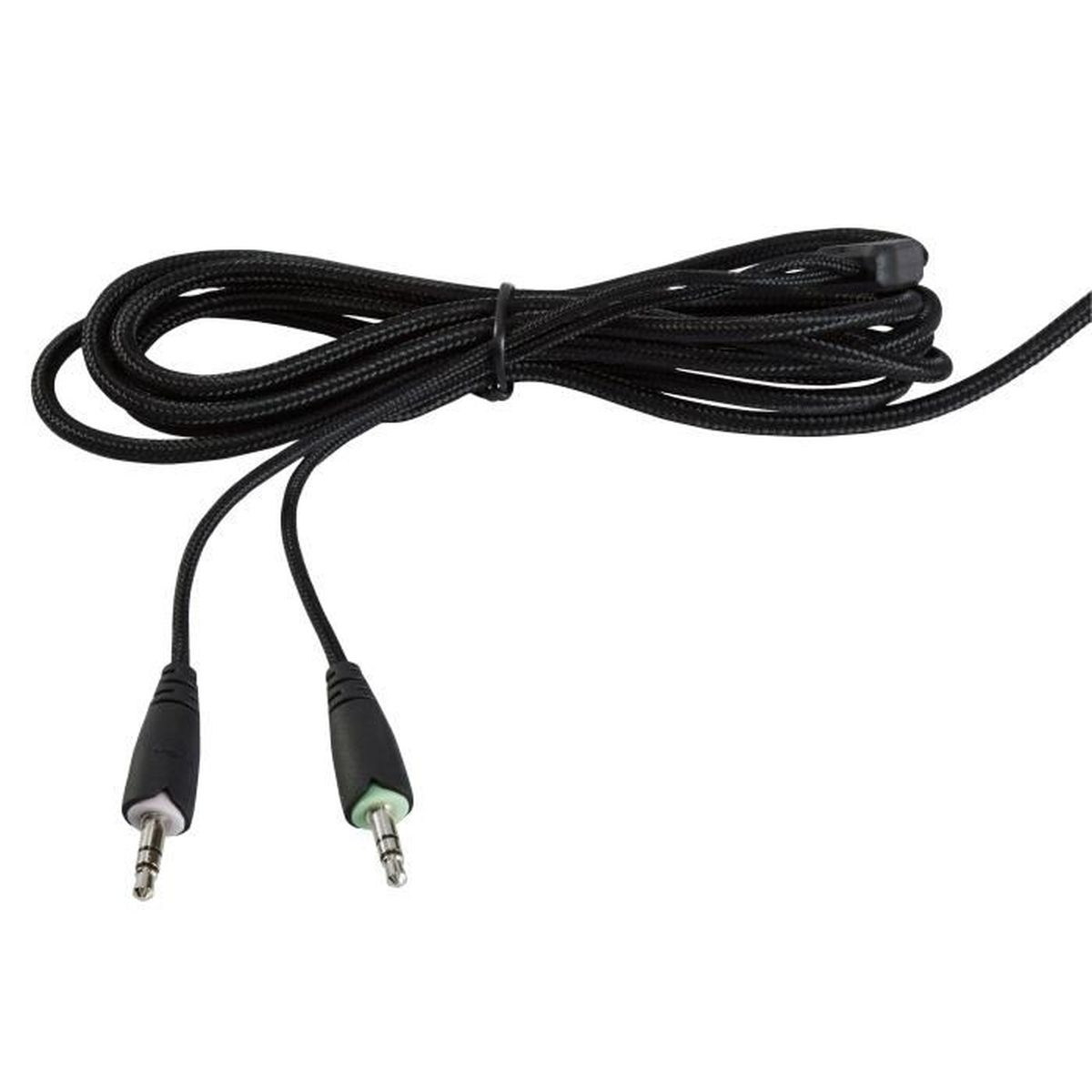 Czarny kabel audio z dwoma gniazdami 3,5 mm. Kabel jest zwinięty i związany. Tło jest białe.