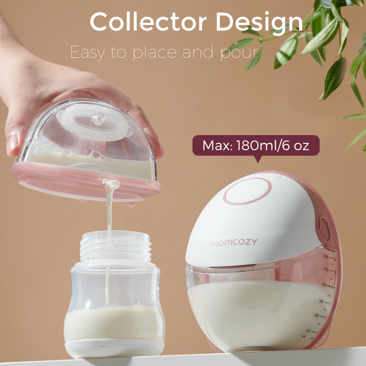 Mleko matki wlewane z kolektora do butelki, obok pompy. Etykiety: Max: 180 ml/6 oz, momcozy. Różowo-biały design.