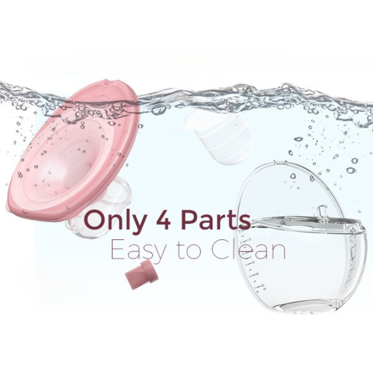 Różowe części laktatora zanurzone w wodzie. Pokazano cztery części, w tym butelkę z wodą i różową głowicę pompy.