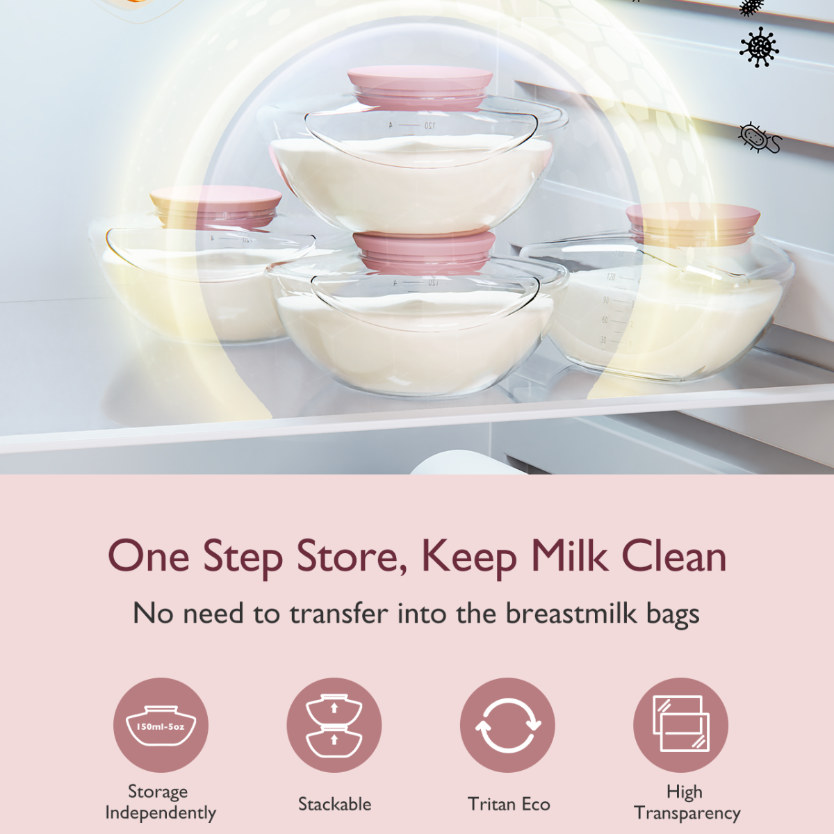 Pojemniki do przechowywania mleka matki w lodówce. Są wypełnione mlekiem i mają różowe pokrywki. Tekst: One Step Store, Keep Milk Clean.