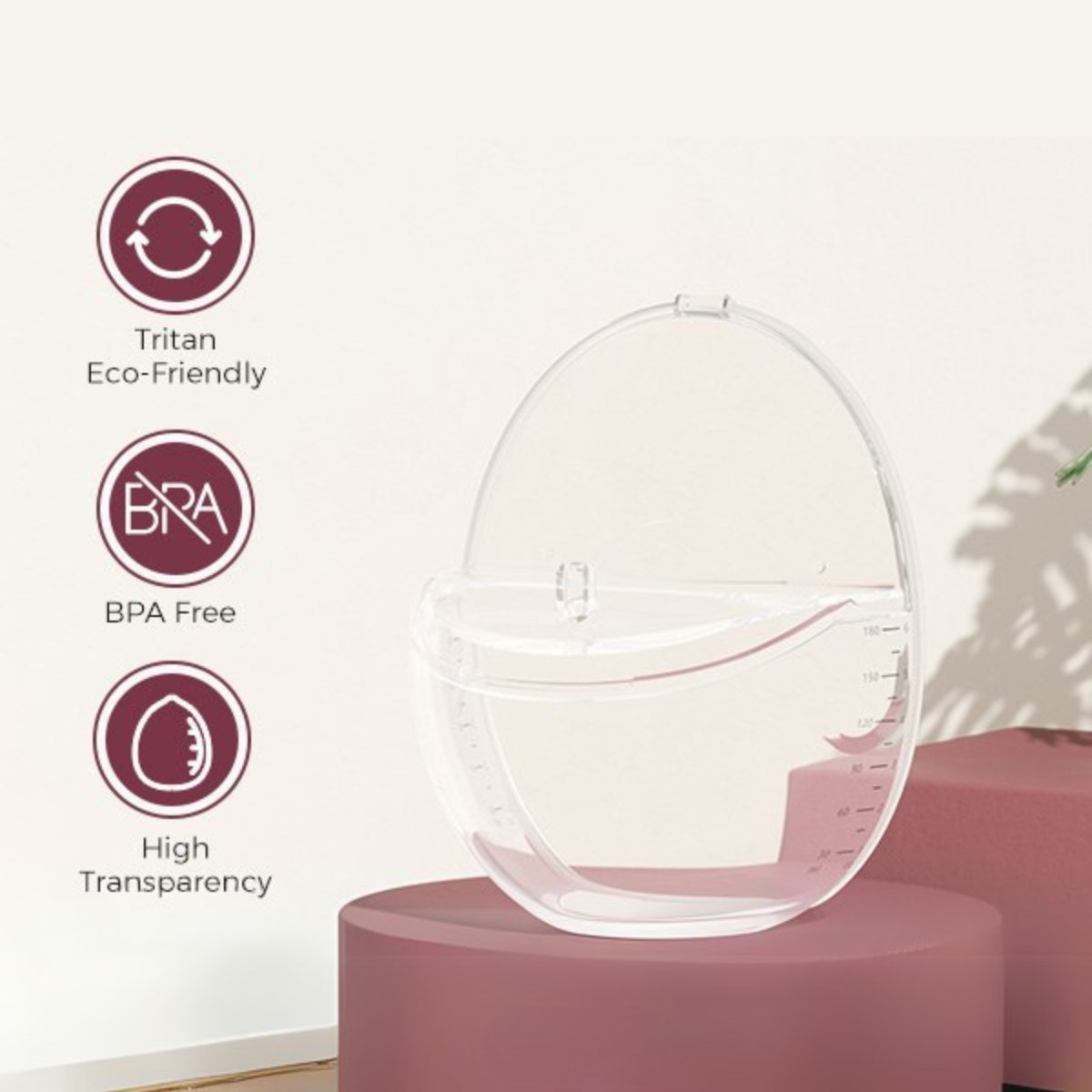 Clear, oval-shaped container on a pink platform. Icons indicate eco-friendly, BPA-free, and high transparency. Some liquid inside.