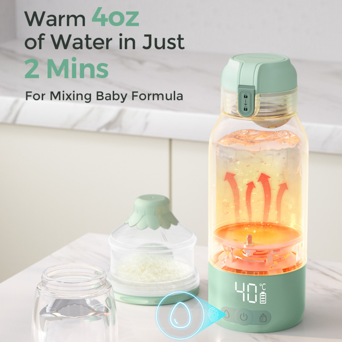 A baby formula maker heats water to 40°C. There's a container with formula and a glass with water. Text says, 'Warm 4oz of Water in Just 2 Mins'.
