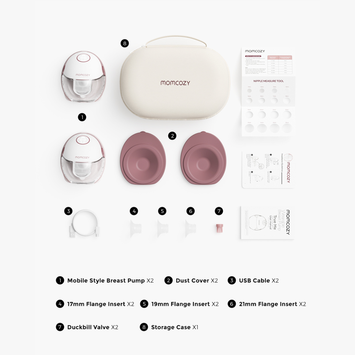 An overhead shot displays a breast pump kit. The kit includes pumps, covers, inserts, a storage case, and a user manual, all neatly arranged.