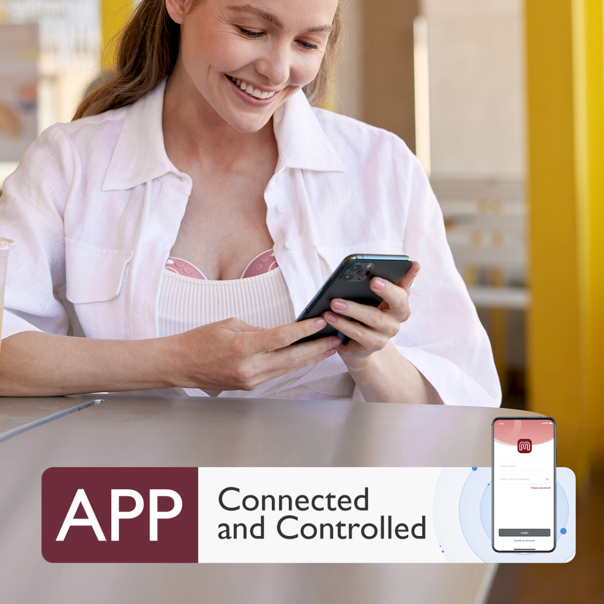Kobieta uśmiecha się, używając smartfona. Tekst: "APP Connected and Controlled". Ekran telefonu pokazuje stronę logowania.