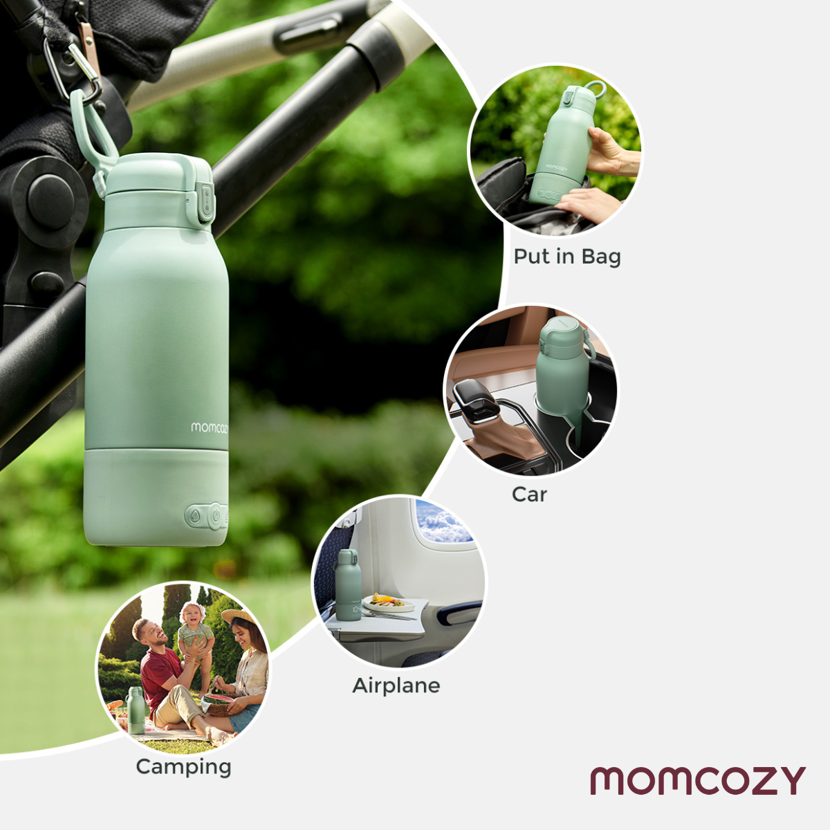 Green Momcozy water bottle attached to a stroller. Scenes include putting it in a bag, car cup holder, airplane, and a family camping.