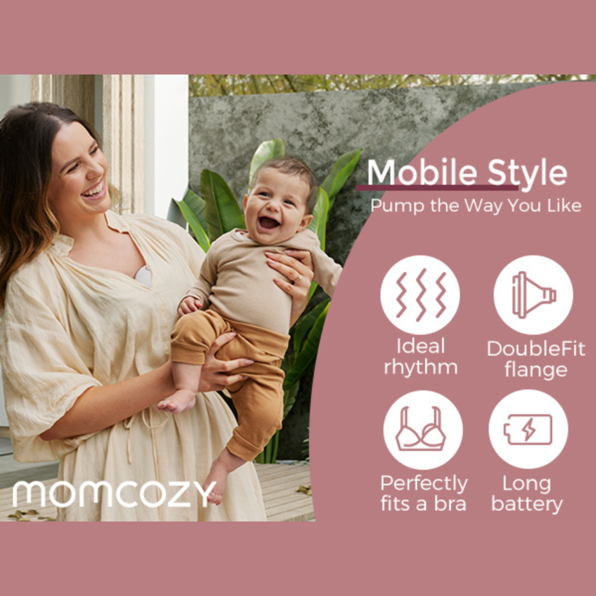 Kobieta trzyma uśmiechnięte dziecko. Tekst: 'Mobile Style' z funkcjami produktu: idealny rytm, podwójny kołnierz, pasuje do biustonosza, długa bateria.
