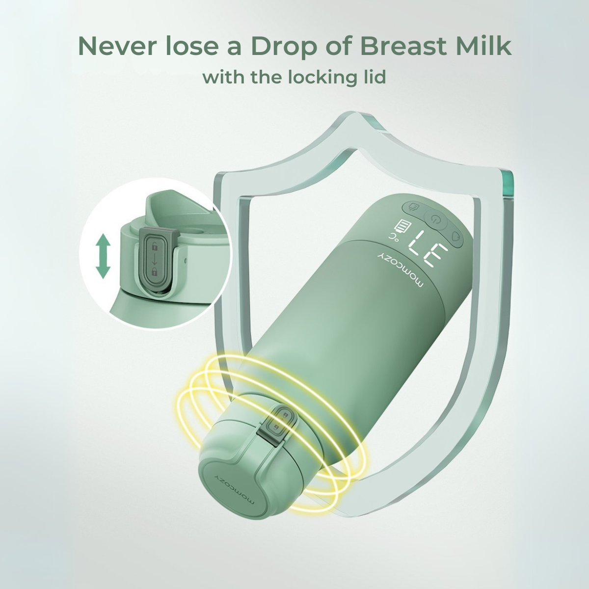 A green bottle with a digital display showing 37°C. The lid is open, and the text says, "Never lose a Drop of Breast Milk."