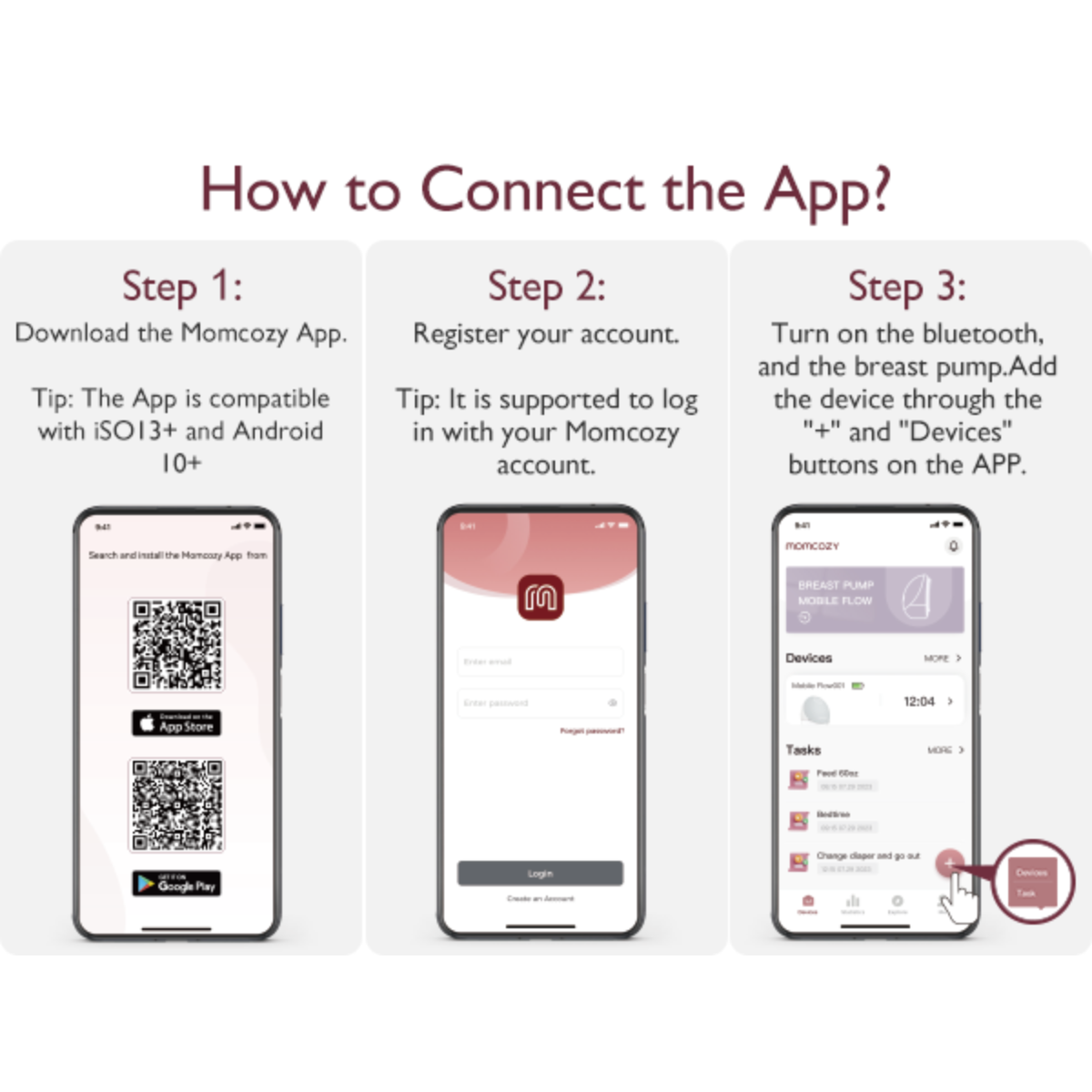 Instructions on how to connect the Momcozy app, including downloading, registering, and connecting the breast pump via Bluetooth.