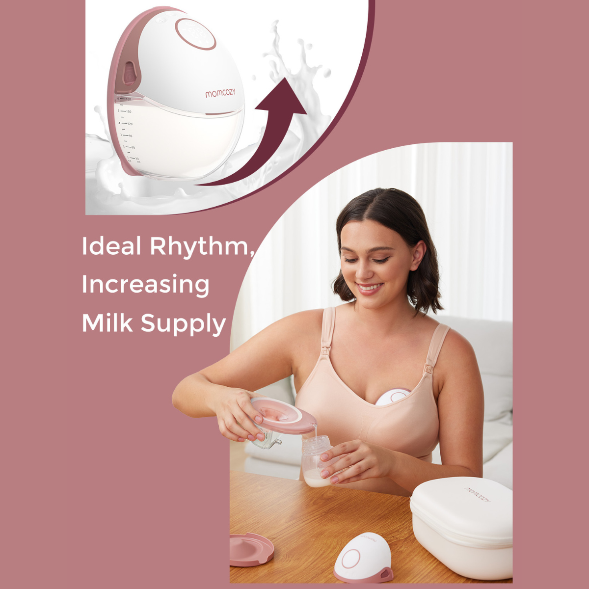 Kobieta używa laktatora. Obraz przedstawia pompkę, mleko oraz kobietę w biustonoszu do karmienia, uśmiechniętą, wlewającą mleko do butelki.