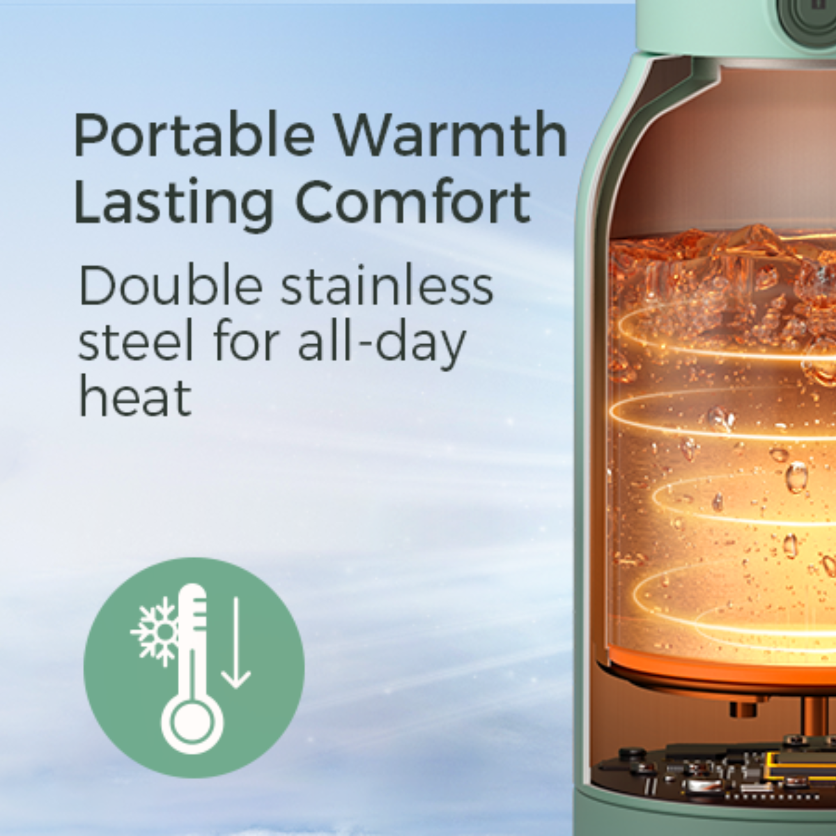 Cutaway view of a teal kettle with boiling water inside. Text reads 'Portable Warmth, Lasting Comfort'. A cold/warm icon is at the bottom.