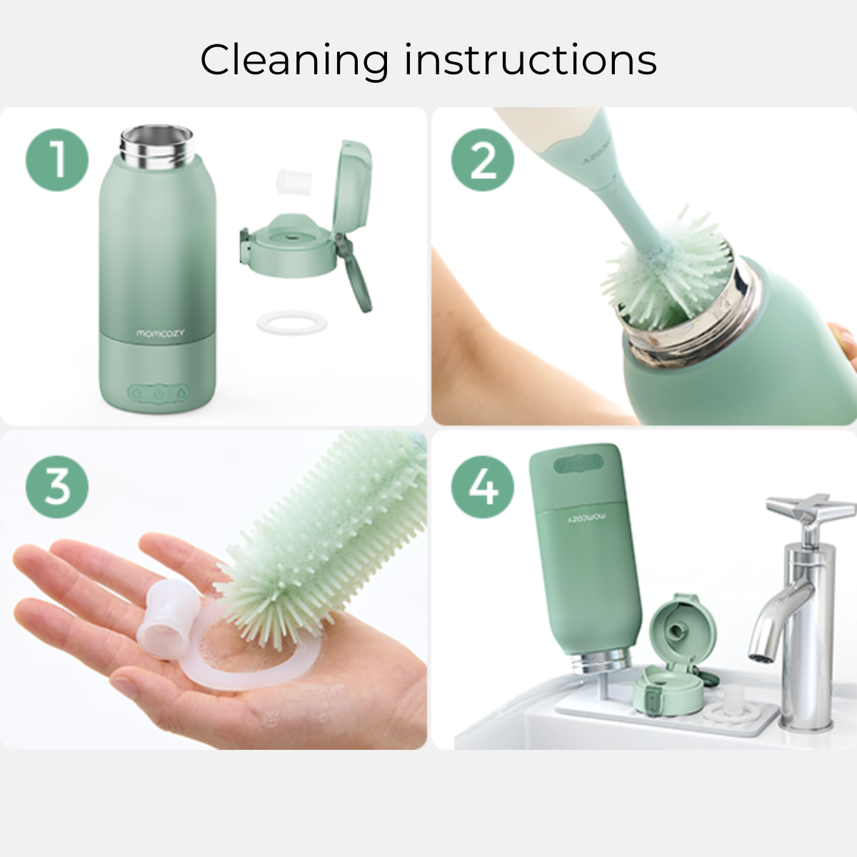 Cleaning instructions for a mint green bottle. Steps include disassembly, using a brush, and rinsing. Parts are labeled with numbers.