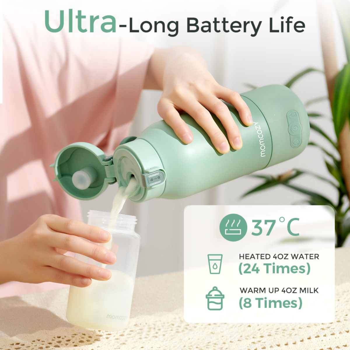 A person pours liquid from a green thermos into a bottle. The image shows text about heating water and warming milk.