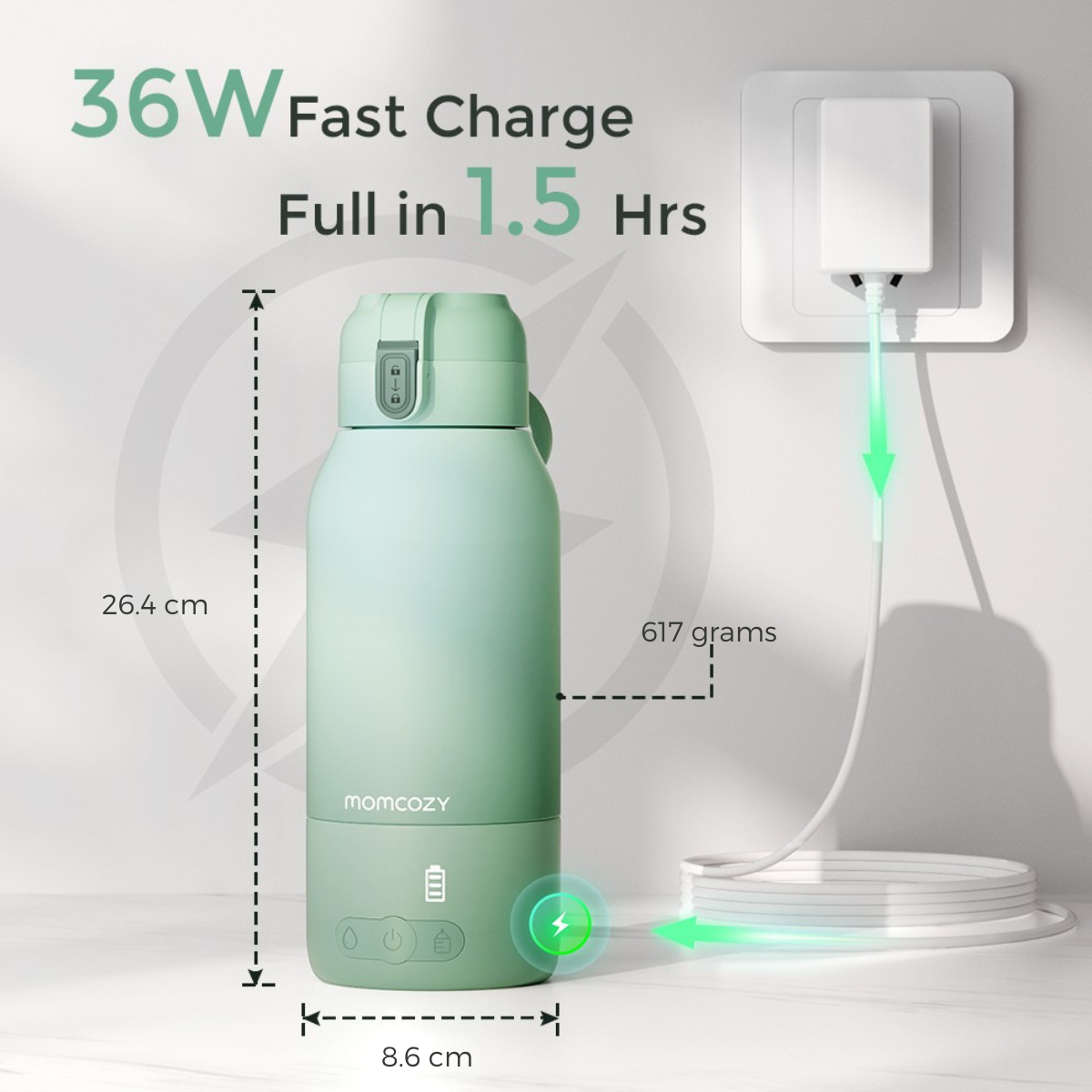 A green water bottle is charging. It displays size and weight details. A charger is plugged into a wall.