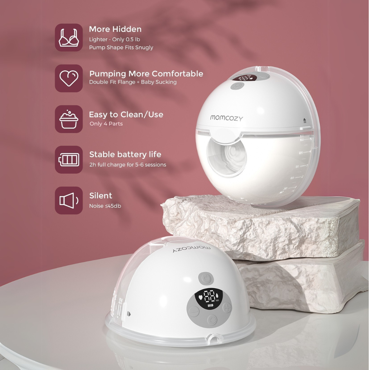 Dwie białe pompy do piersi Momcozy na stole. Jedna jest umieszczona na bloku kamiennym, a druga na stole. Tekst podkreśla funkcje.