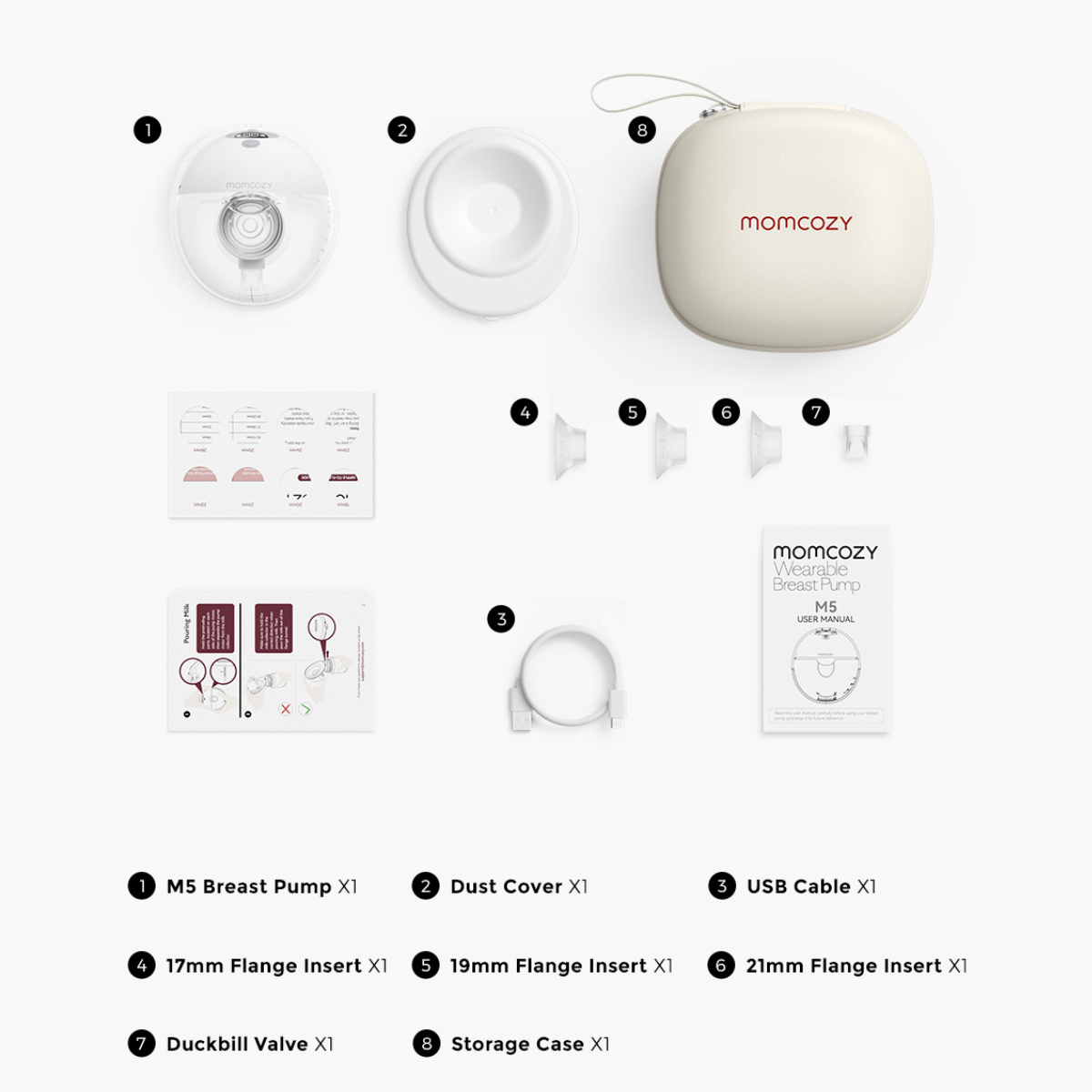 Biały zestaw laktatora z elementami takimi jak pompa, osłona przeciwpyłowa, kabel, wkładki kołnierza, zawór, etui i instrukcja, ułożone na białej powierzchni.
